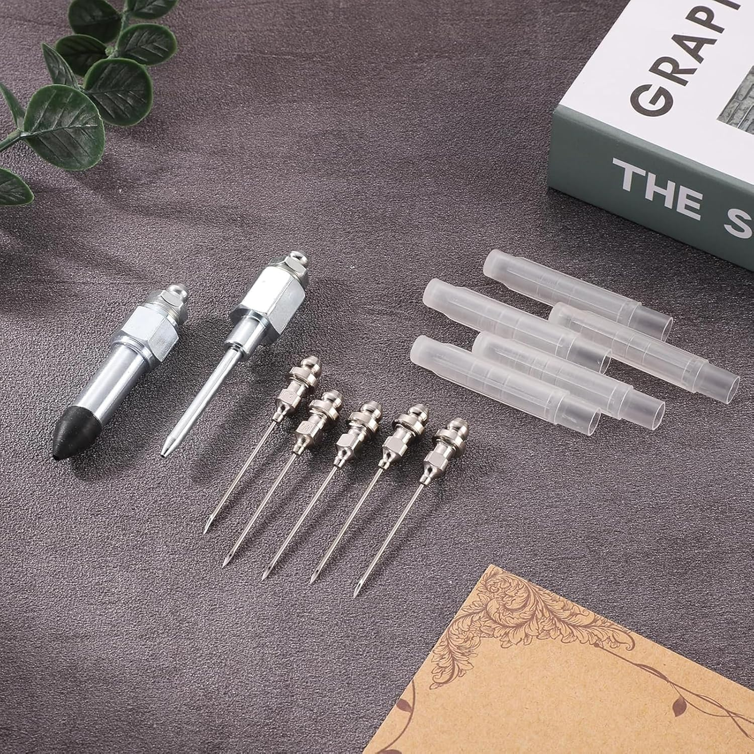 7Pcs Grease Needle Accessory Set - Includes 5 Grease Needle Nozzles, 1 Grease Needle Dispenser, and 1 Rubber Nipple Adapter - Perfect for Grease Dispensing and Injection Tool Gun Fitting