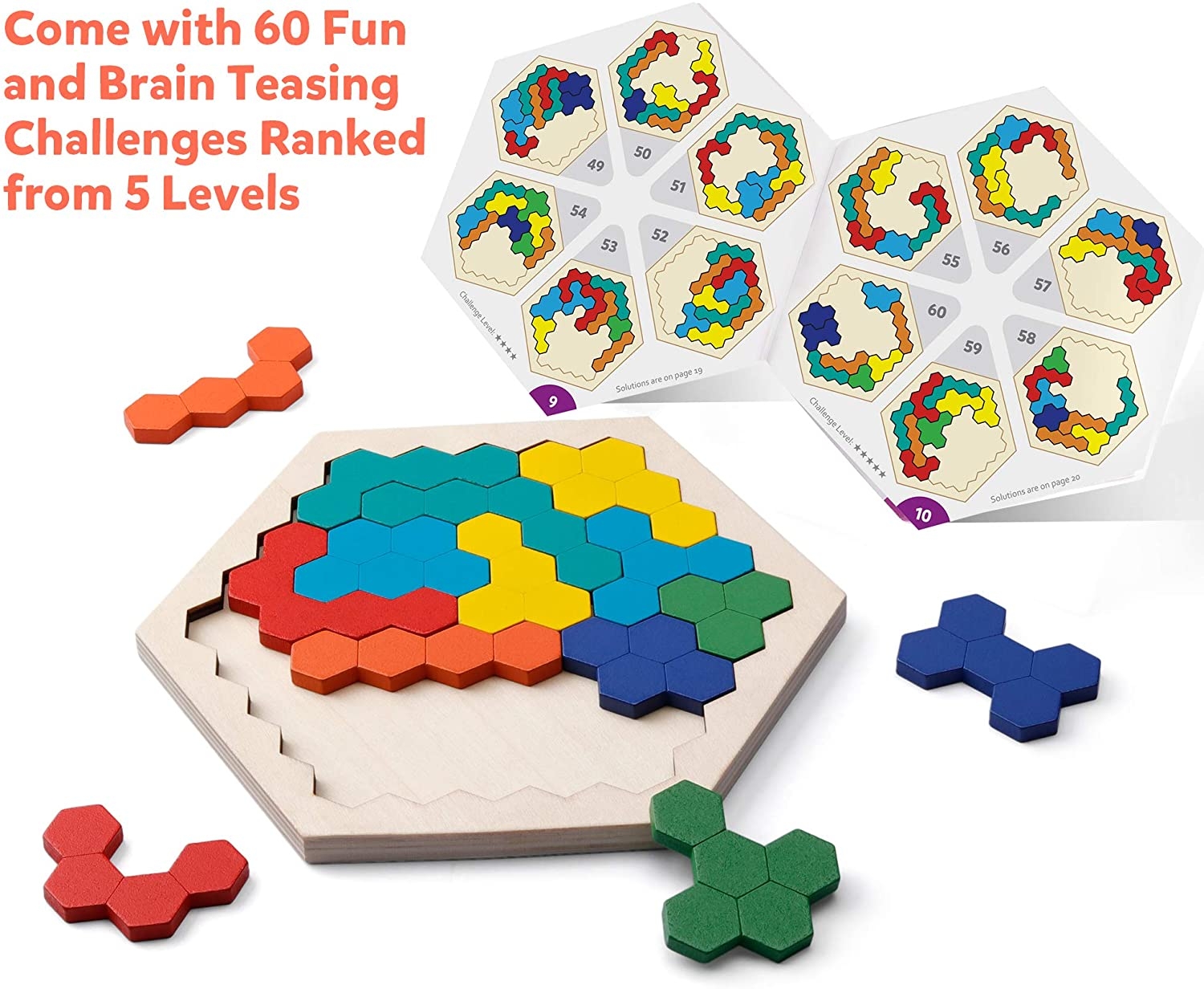 Coogam Wooden Hexagon Puzzle for Kid Adults - Shape Block Tangram Brain Teaser Toy Geometry Logic IQ Game STEM Montessori Educational Ages 3+ Challenge image number 2