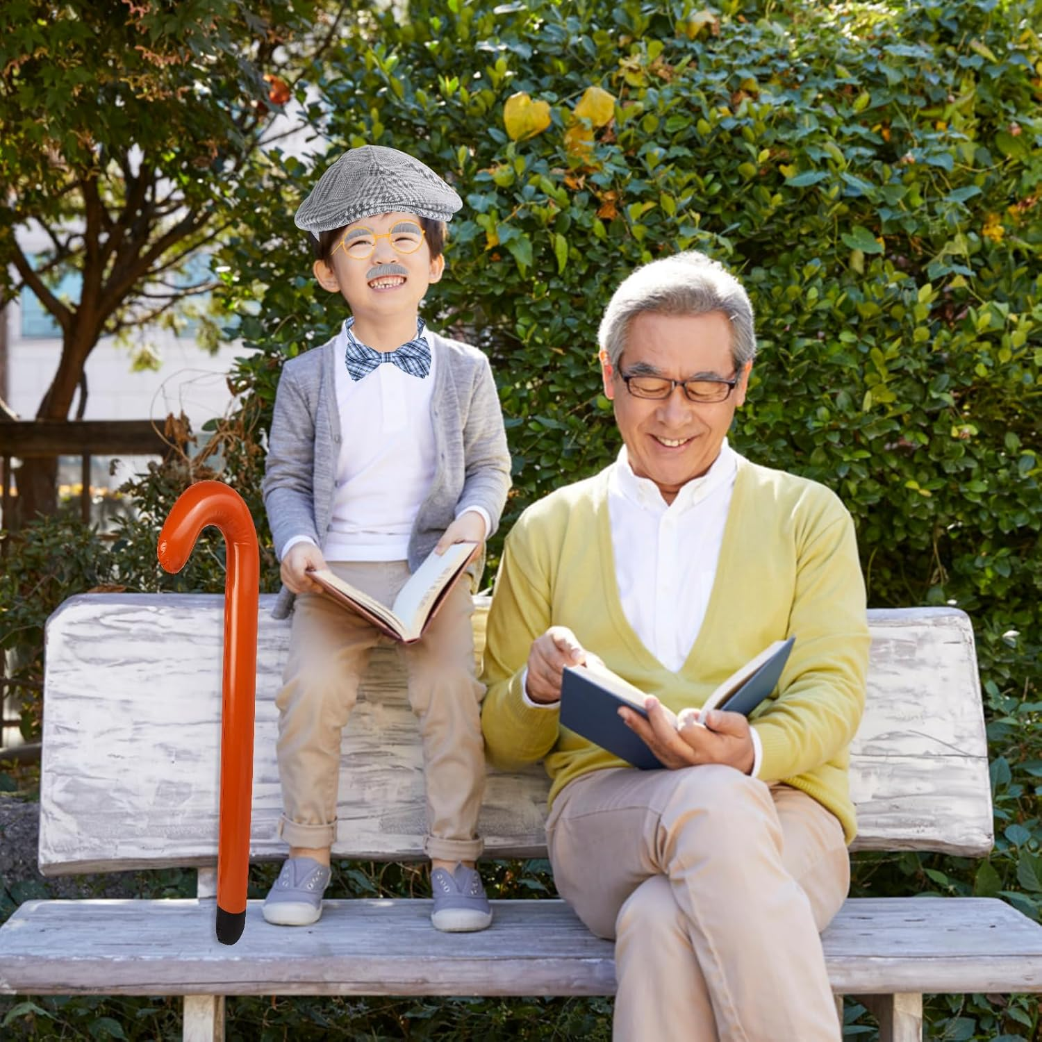 Yewong Kids Old Man Costume Beret Hat Mustache Eyebrows Inflatable Cane Glasses Bowite Grandpa 100 Days of School Cosplay - Light Grey image number 5