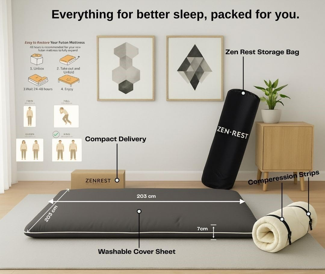 Zen.Rest Japanese Futon Mattress with Portable Storage Bag, Foldable Roll Up, Thick Tatami Mat,Floor Lounger Bed, Seven Layer Memory Foam, Floor Mattress Guest Sleeping Pad (King (U.S. Standard))