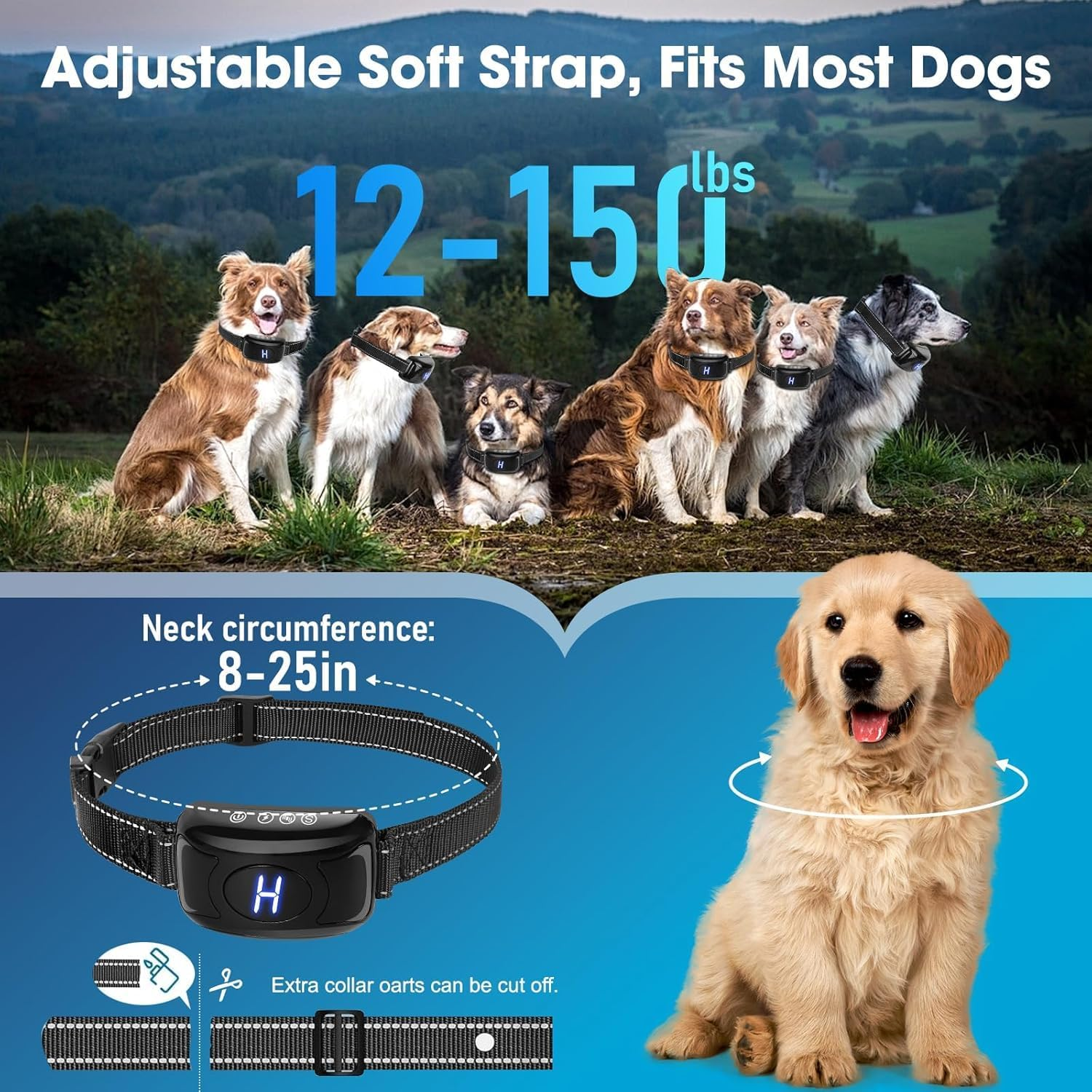 Dog Bark Collar 2-Pack, Adjustable anti Barking Device for Dogs Fits 12-150Lbs, IPX7 Waterproof Shock Collar for Dogs with 4 Training Modes, 3 Levels, One Touch USB Charging, Comfortable and Safe image number 5