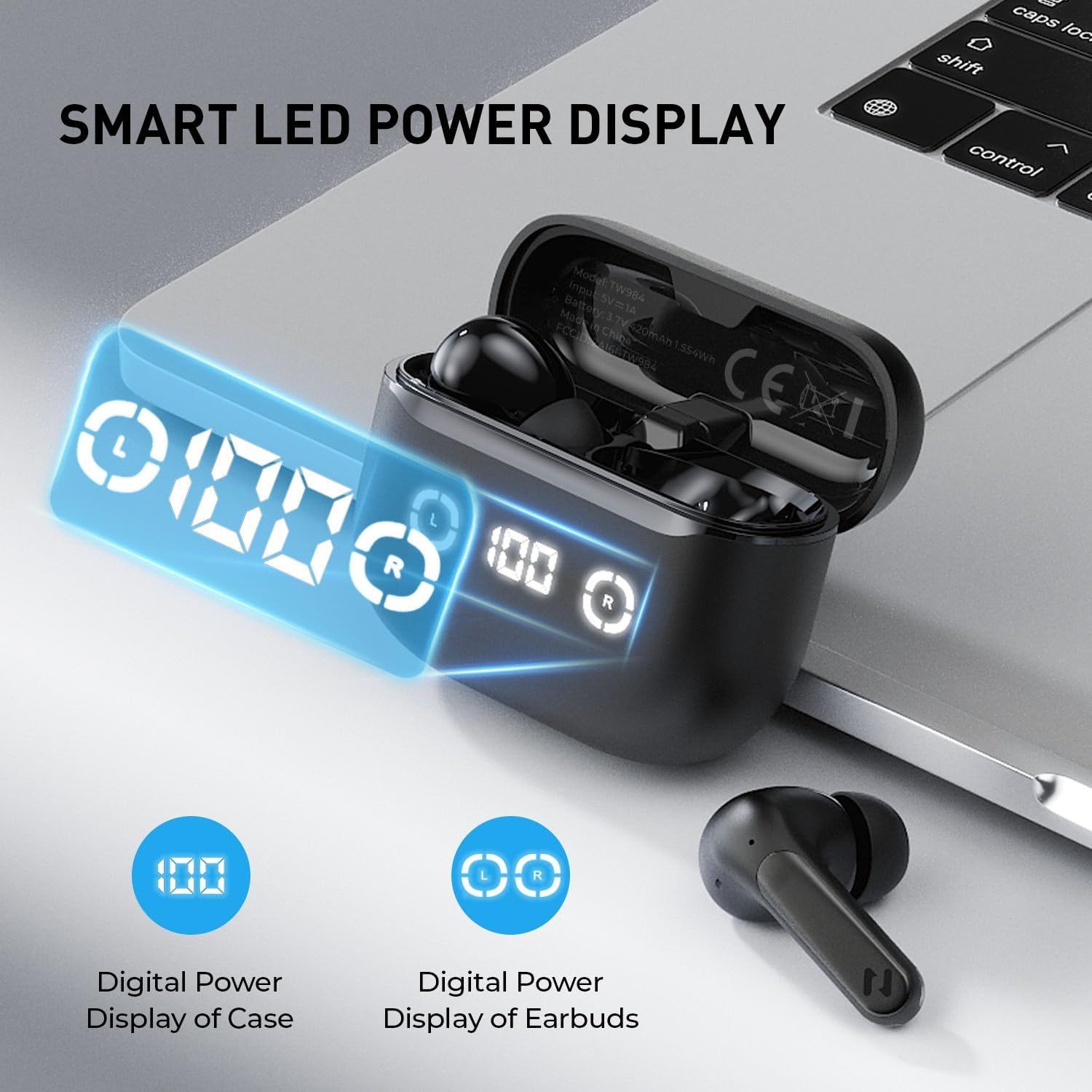 Havit Active Noise Cancelling Wireless Earbuds, Bluetooth 5.4 in Ear Headphones, 3D Bass Stereo Wireless Earphones with 4 ENC Noise Cancelling Mic, 40H Bluetooth Earbuds with LED Display image number 2