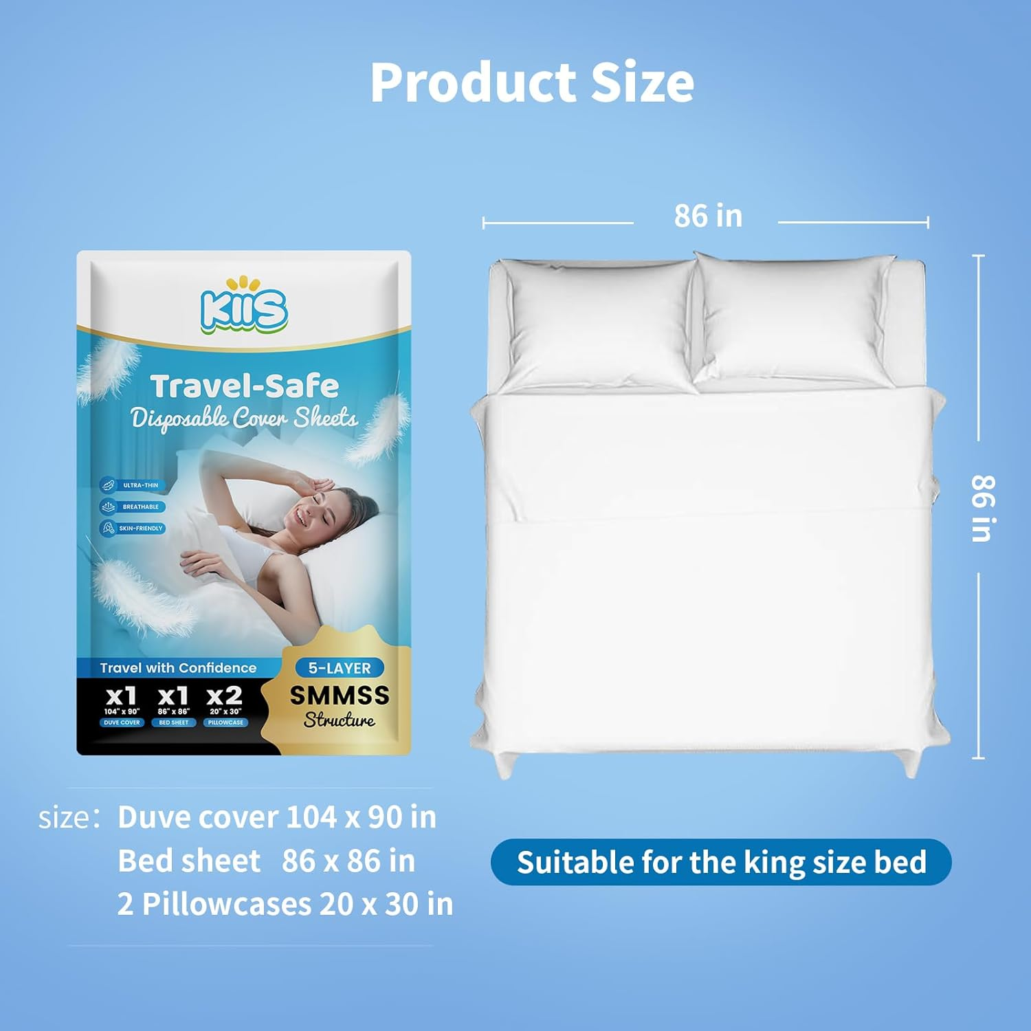 KIIS Travel-Safe Disposable Cover Sheets for Travel, Disposable Bed Sheet, Disposable Duvet/Comforter Cover, Disposable Pillowcases, Perfect for Hotels & Trips (King Size) image number 2