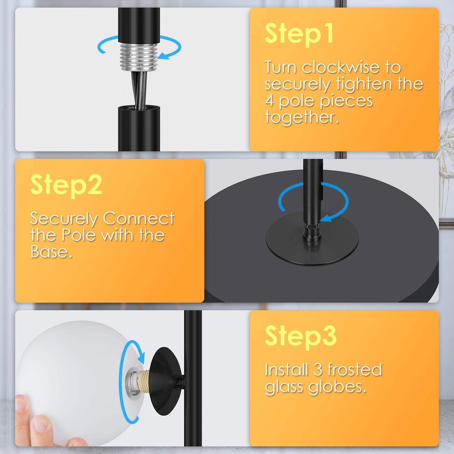 Soilsiu Mid Century Modern Floor Lamp for Living Room, 3 Globe Black Floor Lamp with Frosted Glass Shade, Vintage Standing Tall Floor Lamp for Bedroom, Office - LED Bulbs Included image number 1