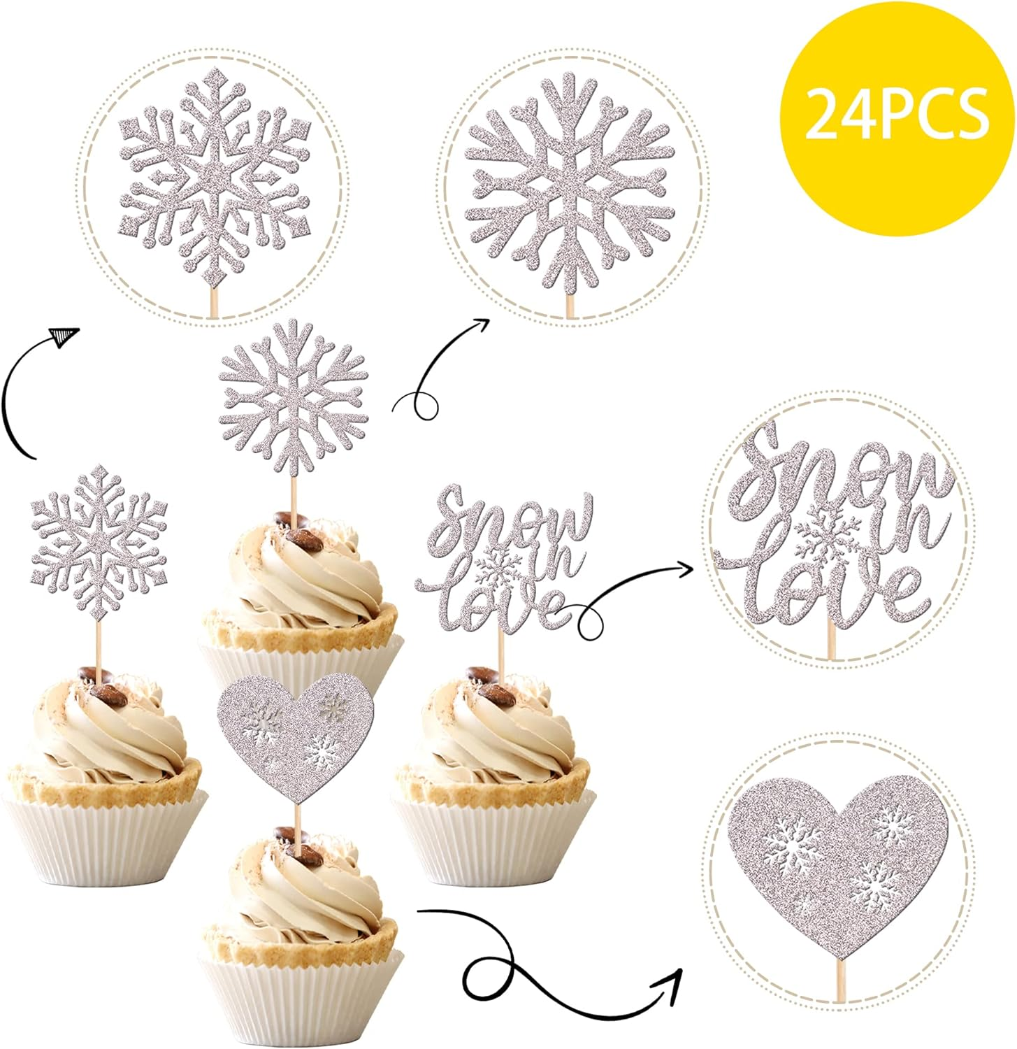 24 Pack Snow in Love Cupcake Toppers Glitter Snowflake Heart Valentine'S Day Theme Cupcake Picks for Bridal Shower Kids Birthday Christmas Party Decorations Supplies Silver image number 1
