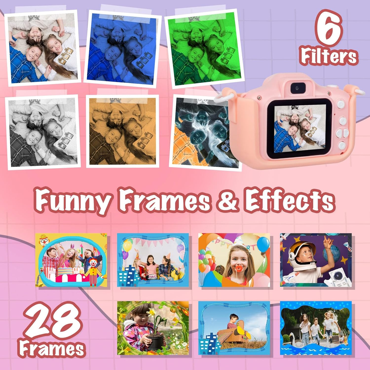 Lenoxx Kids Digital Camera with Dual Front & Rear Lens, 4X Digital Zoom, 1080P HD Video Recording, 2.0&rdquo; Screen, 32GB Card, Built-In Games, Filters & Frames &ndash; Pink image number 3