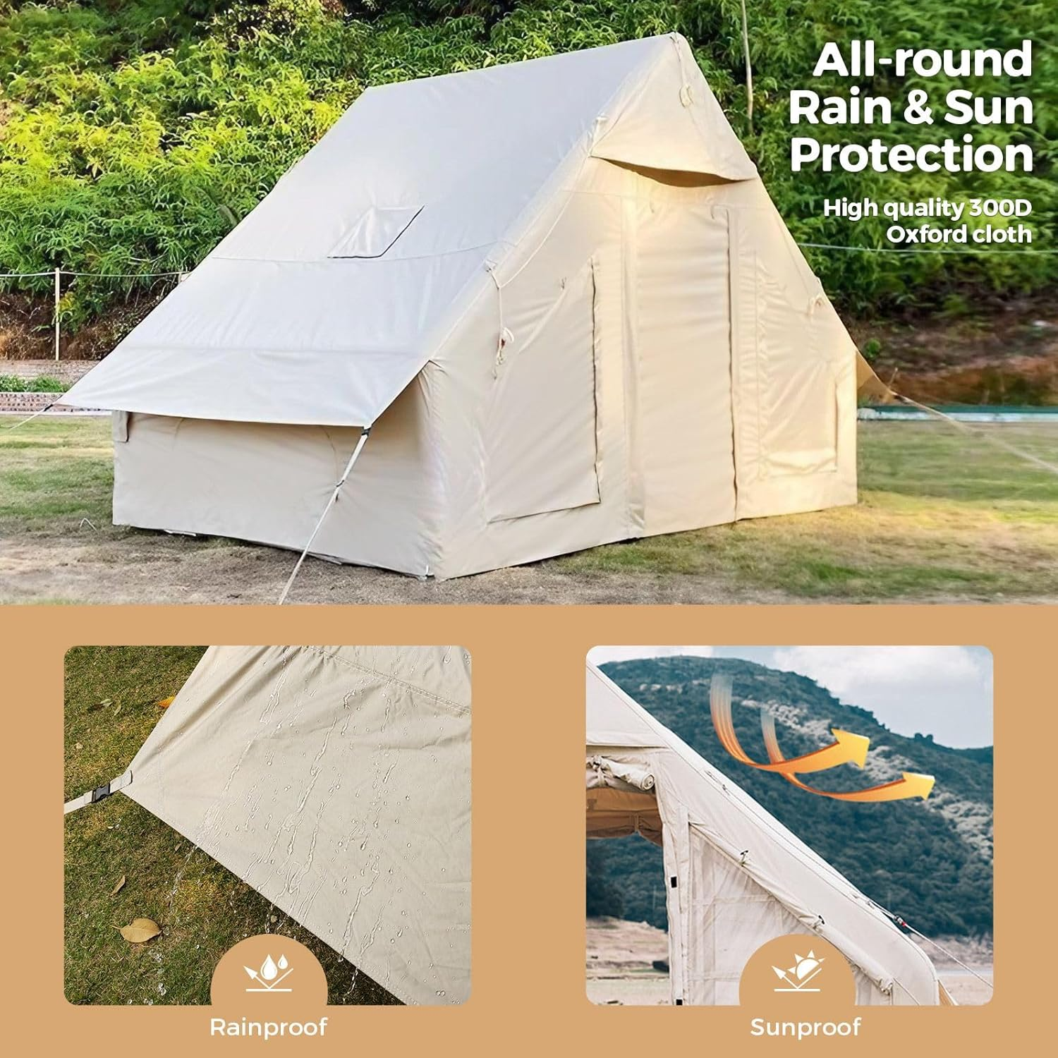 Inflatable Camping Tents with Pump, Air Glamping Tents, Easy Setup Waterproof and Windproof Blow up Tent, 4 Seasons Oxford Cabin Tent with Mesh & Chimney Window. image number 1