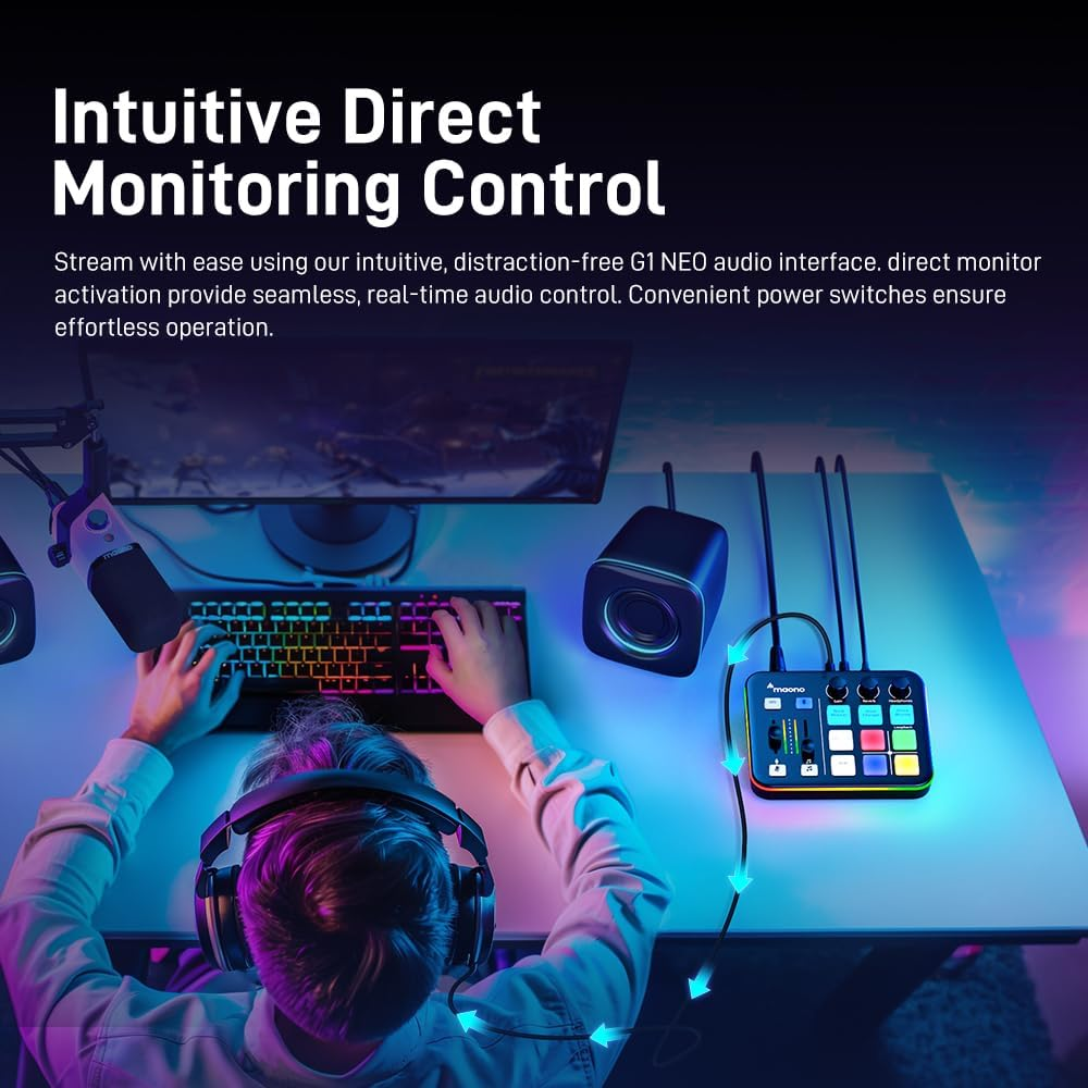 MAONO Gaming Audio Mixer, Audio Interface with Pro-Preamp, RGB, Bluetooth, 48V Phantom Power for Live Streaming, Podcasting, Content Create, Gaming Maonocaster G1 NEO (BLACK) image number 6