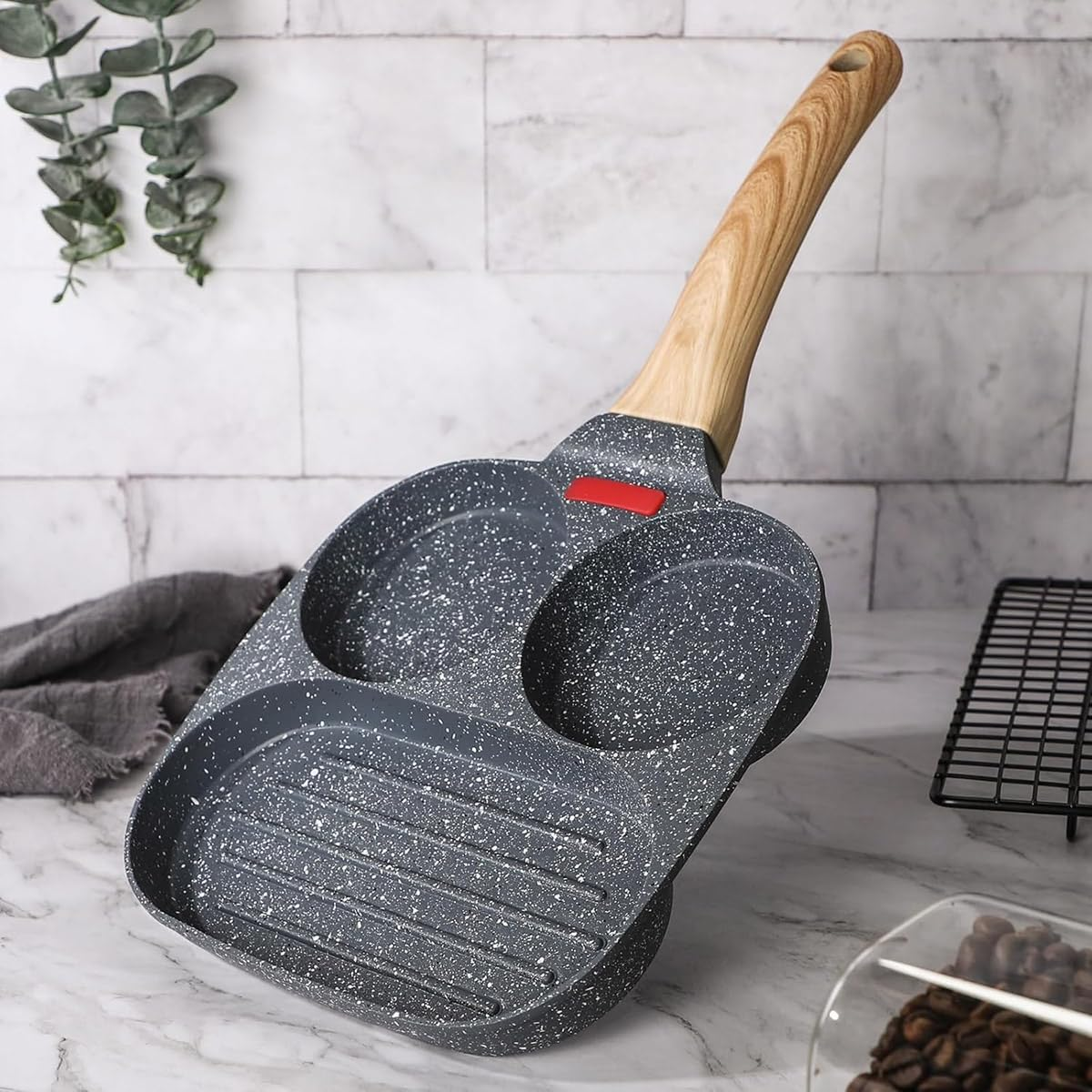 AIMALL Maifan Stone Non-Stick 3-In-1 Frying Pan with Four-Hole Design, 19Cm/7.5In Cooking Area, Granite Coating, Breakfast Egg Pancake Grill Skillet, Anti-Burn Handle image number 3