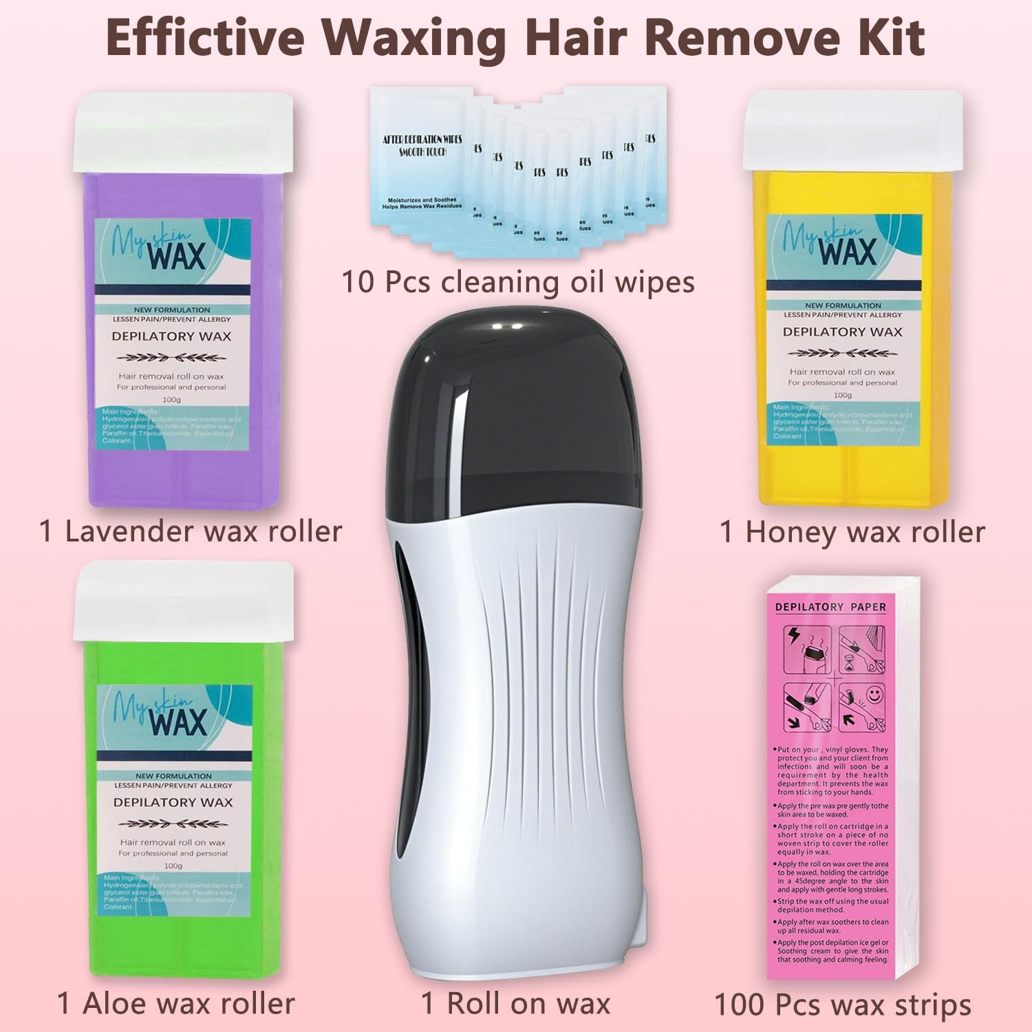 Roll on Wax Kit, Waxing Kit for Women and Men, Roll on Wax Warmer for Hair Removal, Wax Roller Kit for All Skin Types, Soft Wax Heater with 3 Pcs Wax Cartridges & 100 Pcs Wax Strips (White Round) image number 1