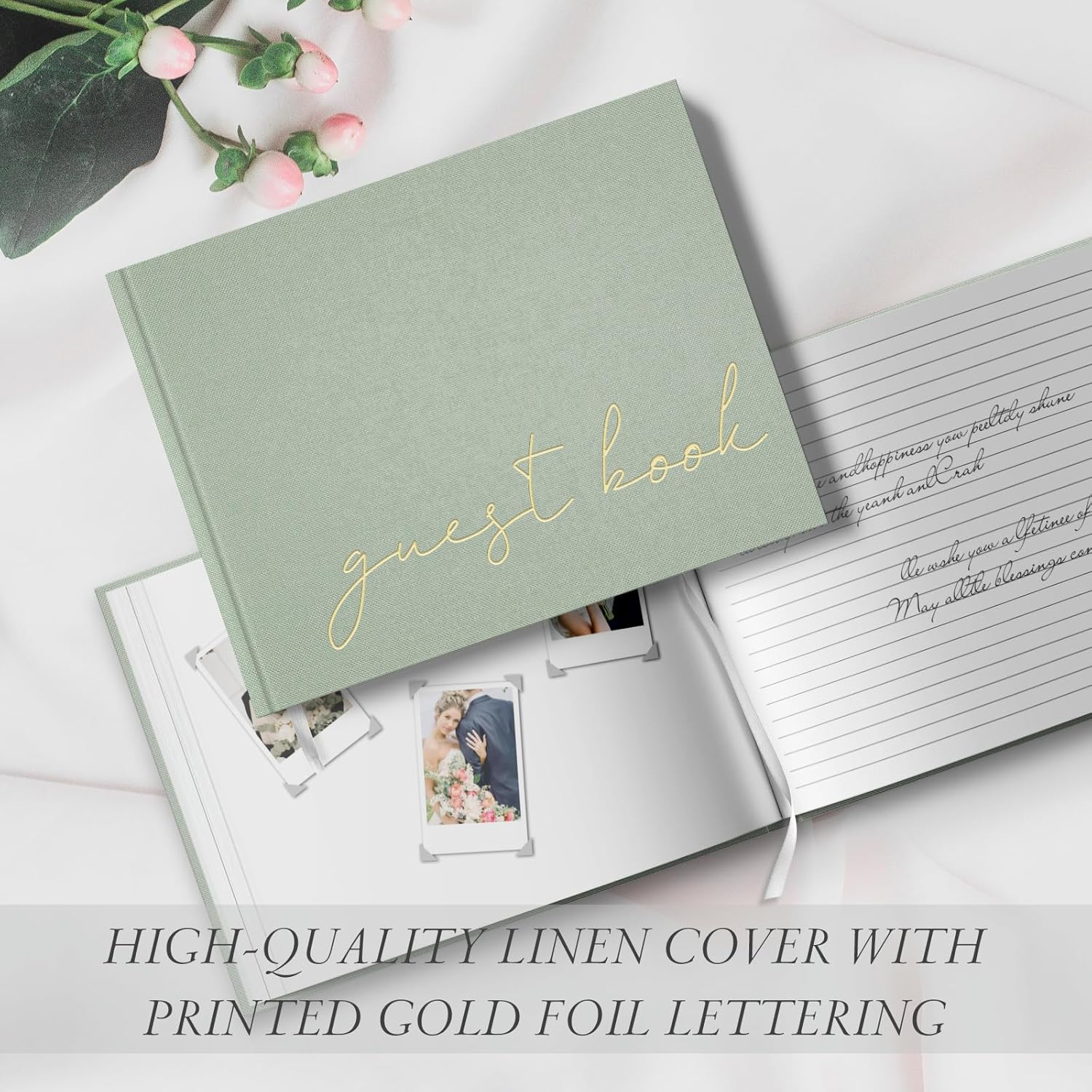 Wedding Guest Book for Memorial Service, Half Blank and Lined Guestbook Alternative with Table Sign, 108 Polaroid Photo Corners Stickers, Baby Shower, 100 Pages - Sage 8X10&rdquo; image number 2