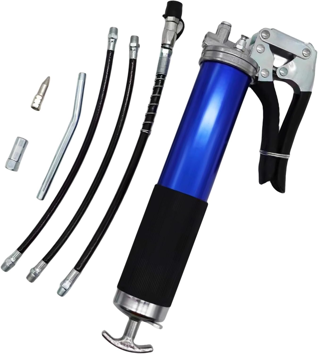 Grease Gun, 6000 PSI Heavy Duty Pistol Grip Grease Gun, 3 Flex Hose, 1 Extension Straight Pipe, 1 Sharp Type Nozzle and 1 Normal Coupler, Blue image number 3