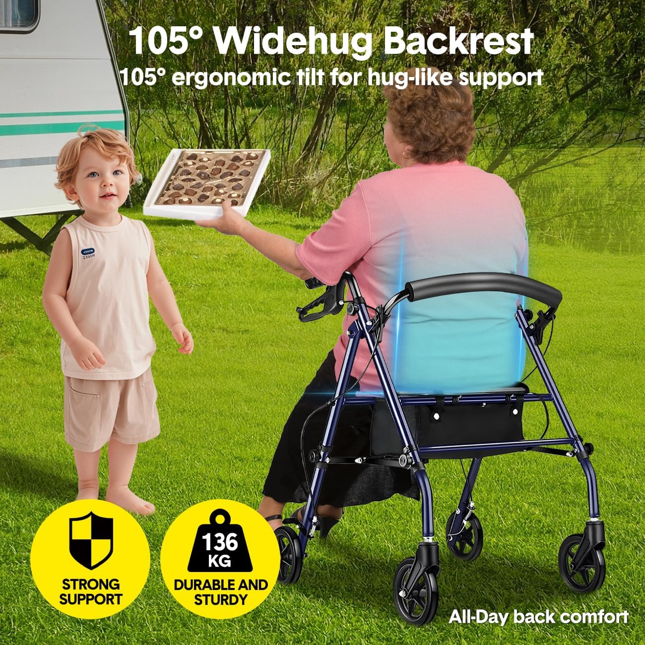 Rollator Walker with Seat, 4 Wheel, Height Adjustable, Foldable, with Brakes image number 1