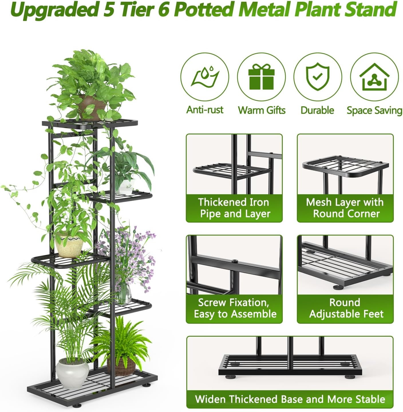 Corner Plant Stand Indoor 5 Tier 6 Potted with Gardening Tools and Gloves,Upgraded Tall Metal Plant Shelf Organizer Outdoor, Multiple Flower Pot Holder Display Rack for Patio, Garden, Balcony, Living Room image number 2