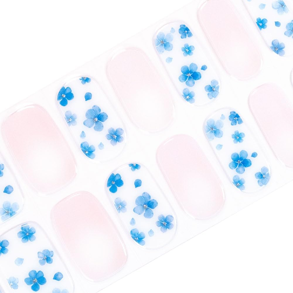 Wilana Gel Nail Stickers - Long-Lasting Semi-Cured Gel Nail Strips - Blue Flowers with Pale Pink (Whisper) image number 3