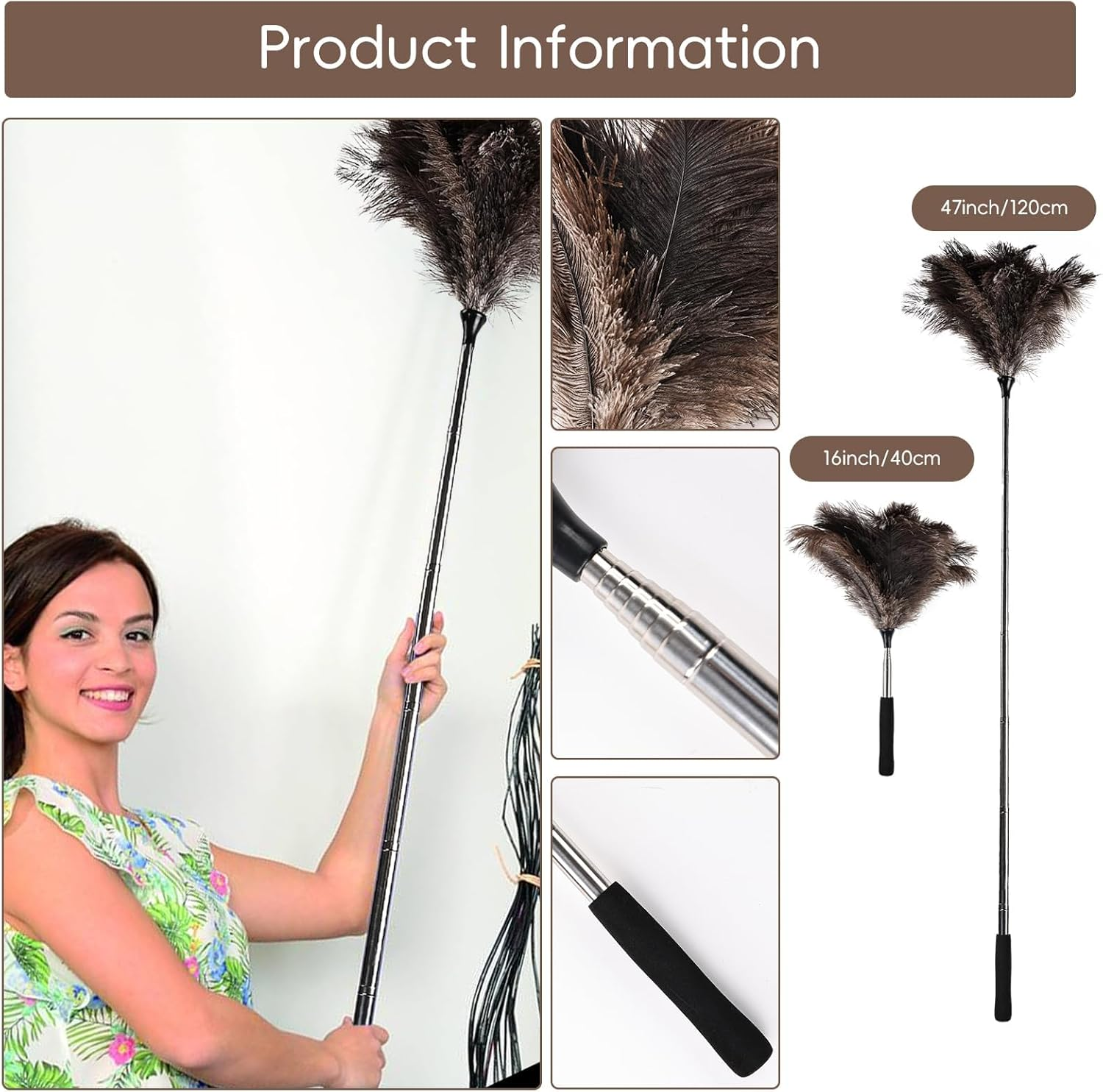 Extendable Ostrich Feather Duster - 40 Inches Fluffy Long Handle Reusable Feather Duster for Cleaning Ceiling Fan,Pendant Lamp, High Ceiling, Blinds, Furniture image number 1