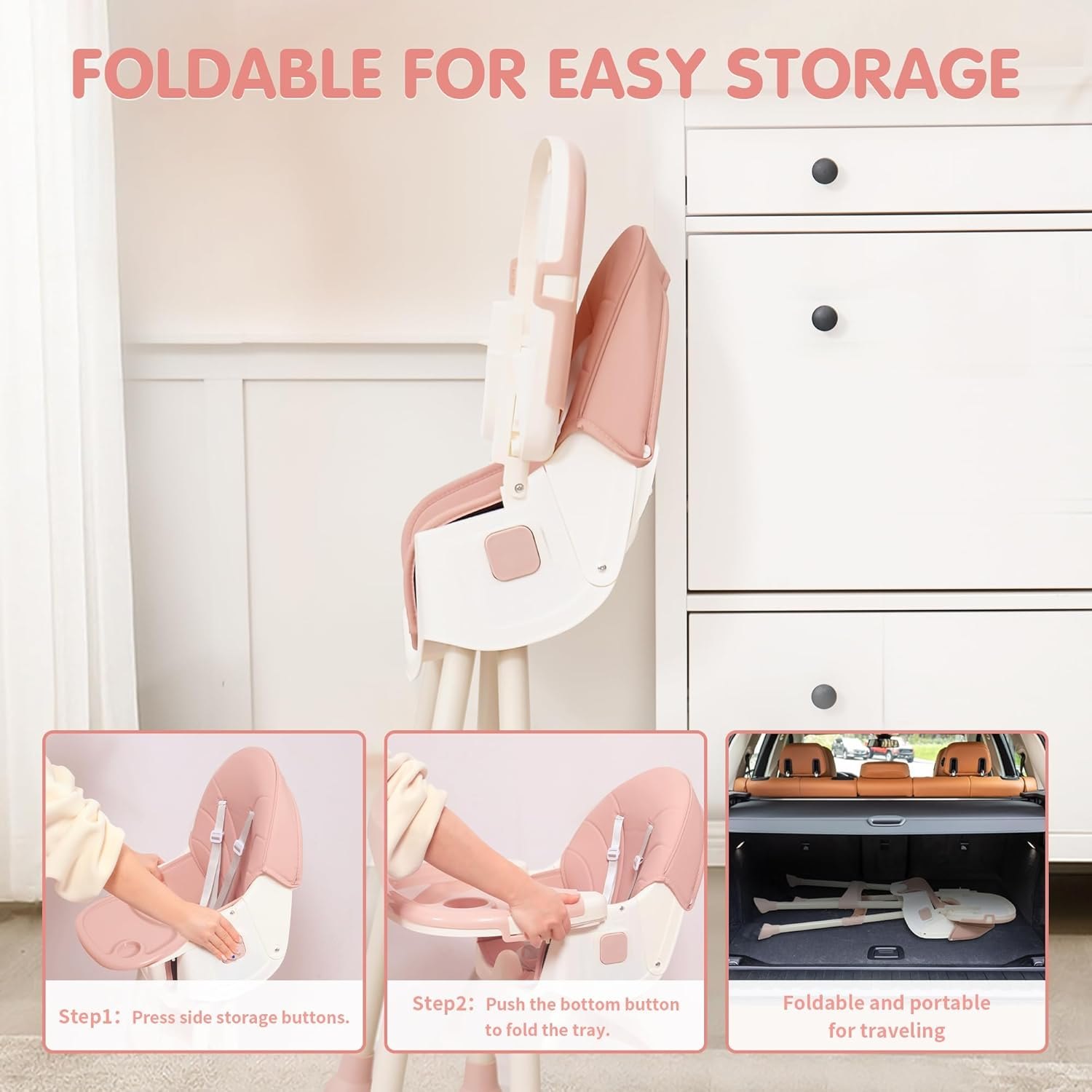 Portable Baby High Chair, 6 in 1 Convertible High Chairs for Babies & Toddlers with 5-Point Safety Harness, Foldable High Chair for Space-Saving, Adjustable Dining Tray, Backrest & Height