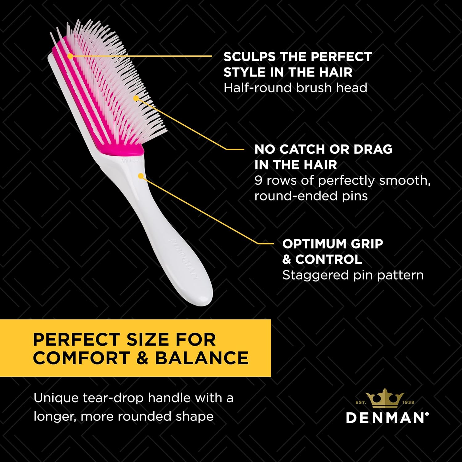 Denman Curly Hair Brush D4 (Cherry Blossom) 9 Row Styling Brush for Styling, Smoothing Longer Hair and Defining Curls - for Women and Men - Pearl image number 3
