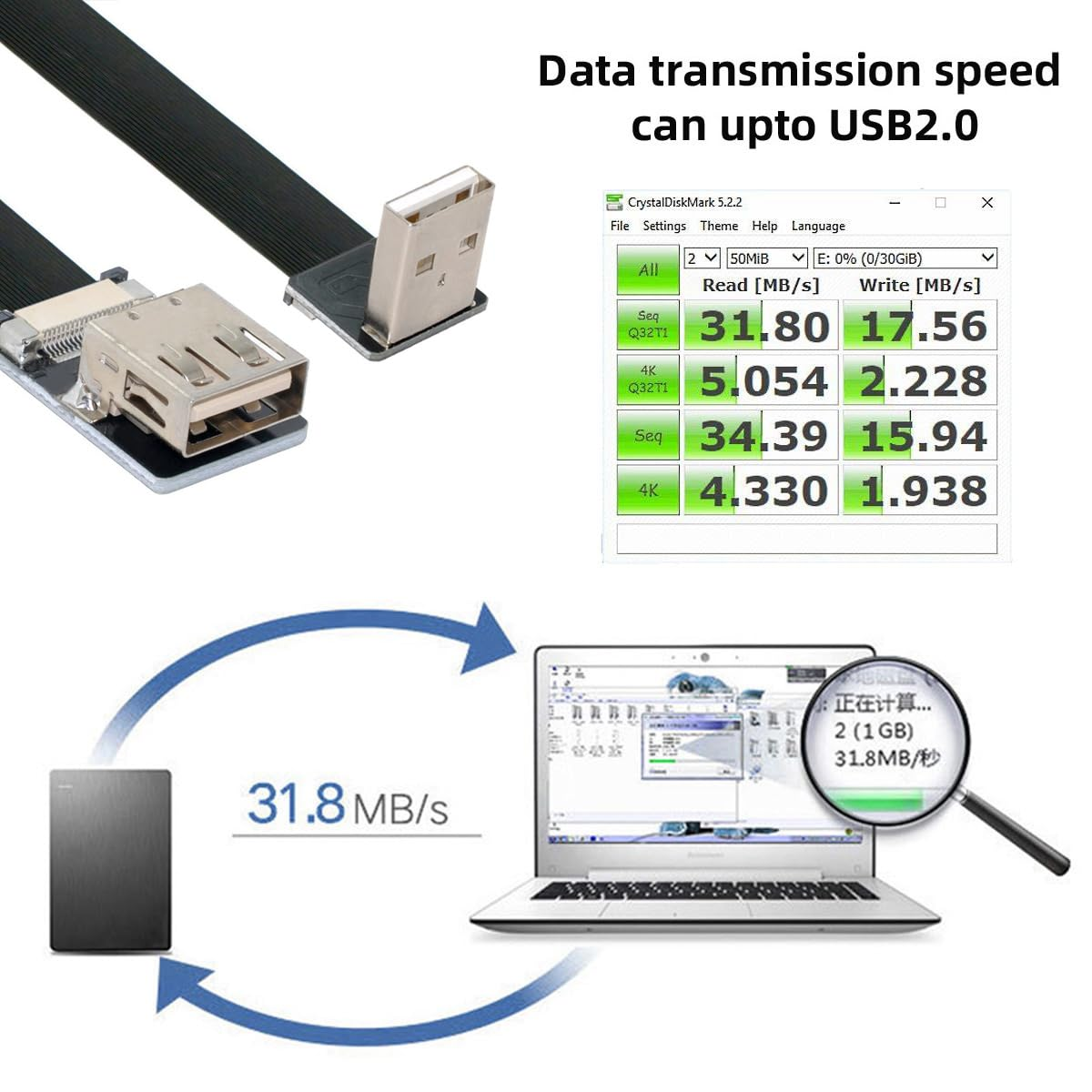 Cablecc down Angled USB 2.0 Type-A Male to Female Extension Data Flat Slim FPC Cable for FPV & Disk & Scanner & Printer 20Cm image number 4
