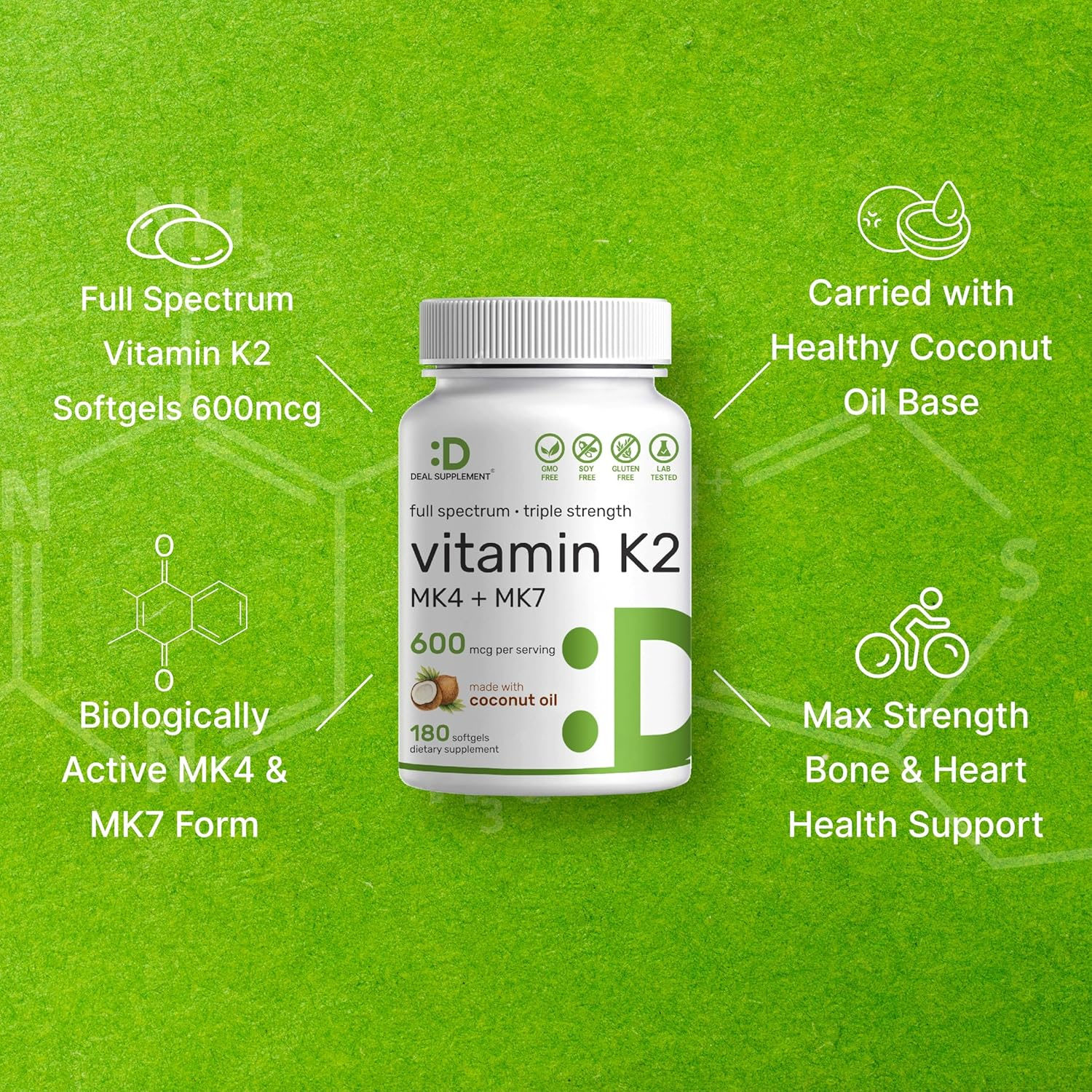 Vitamin K2 Supplement 600Mcg, 180 Virgin Coconut Oil Softgels &ndash; Full Spectrum MK-7 & MK-4 Forms, High Absorption, Triple Strength K Vitamins &ndash; Bone, Joint, & Immune Support &ndash; Non-Gmo