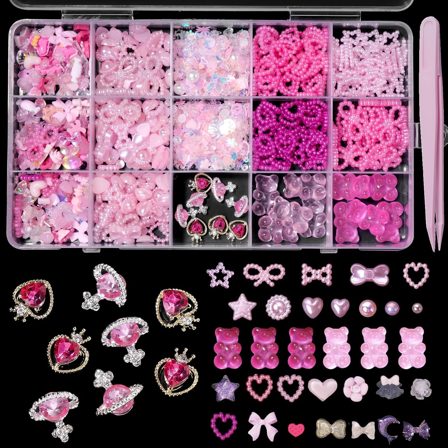 3D Assorted Pearls Gems Nail Charms Alloy Sequin Heart Star Bows Pearls Planet Nail Charms Butterfly Bow Bear Nail Charms for Manicure DIY Crafts Jewel Accessories image number 2