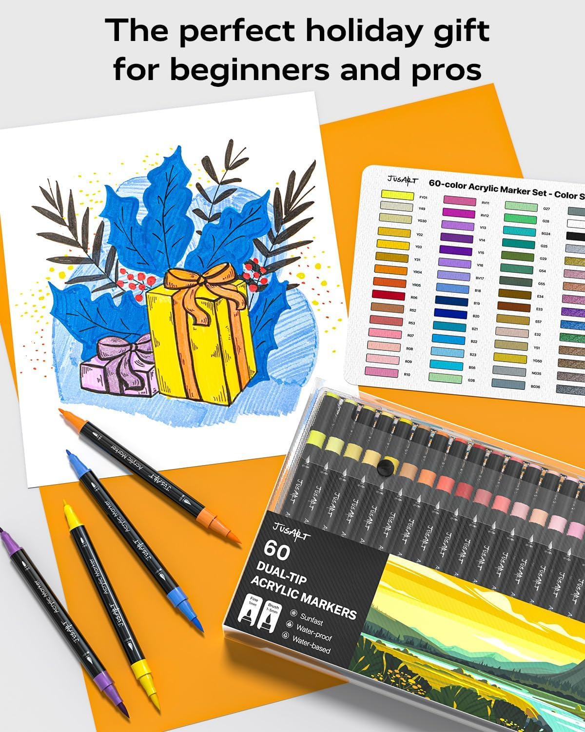 Jusart 48 Colors Dual Tip Acrylic Paint Pens Markers, Brush and Fine Tip, Premium Paint Pens for Wood, Canvas, Egg, Stone, Fabric, Rocks, Metal, Glass, Ceramic, DIY Crafts Making Art Supplies Gifts - 48 Colors image number 5