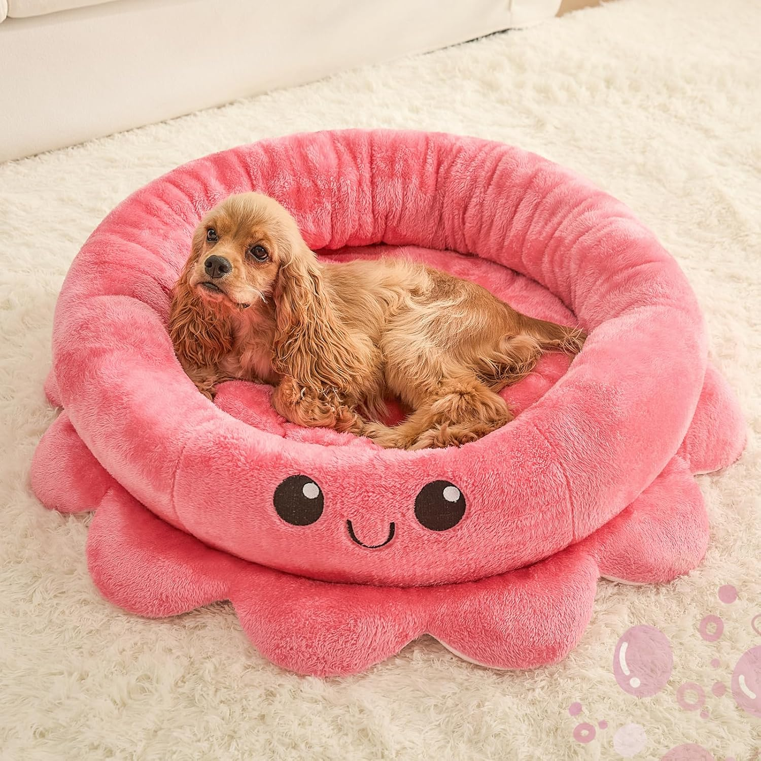 Jiupety Cute Calming Dog Beds Clearance for Large Dogs, Anxiety Bolster Dog Bed with Octopus Shape, Pink, Red, Boho, round Pet Bed Cat with Removable Cushion image number 2