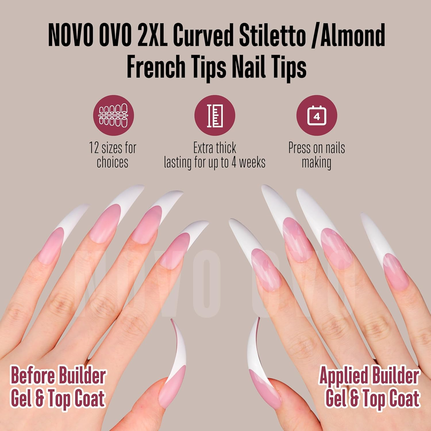 NOVO OVO Halloween XXL Curved Stiletto Almond French Tip Nail Tips, Soft Gel Extra Thick Long Acrylic Hawk Curve Fake Extension, Need Builder Gel & Top Coat, Full Cover Press on DIY 12 Sizes 240 Pcs - Short Duck Nails With Moon Curve_Eu image number 3
