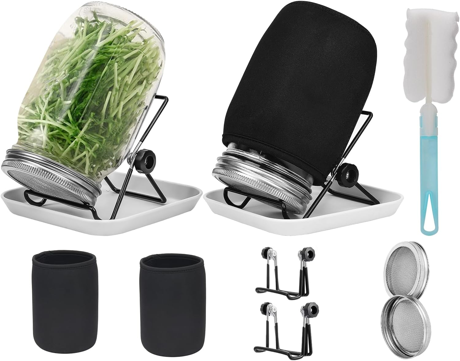 Seed Sprouting Jar Kit, 2Pcs Wide Mouth Quart Mason Jars with 304 Stainless Steel Screen Sprout Lids,86Mm Caliber,1000Ml,With Tray,Stand,Shading Cloth and Canning Brush,For Making Seeds Sprouts image number 3
