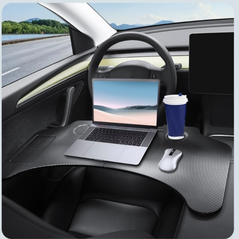 GROZY Foldable Carbon Fiber Textured Car Desk, Car Laptop Desk Steering Wheel Tray Eating Table, Multipurpose Portable Food Tray Dining Table for Dining Working, Car Travel Table for Tesla Model 3 Y