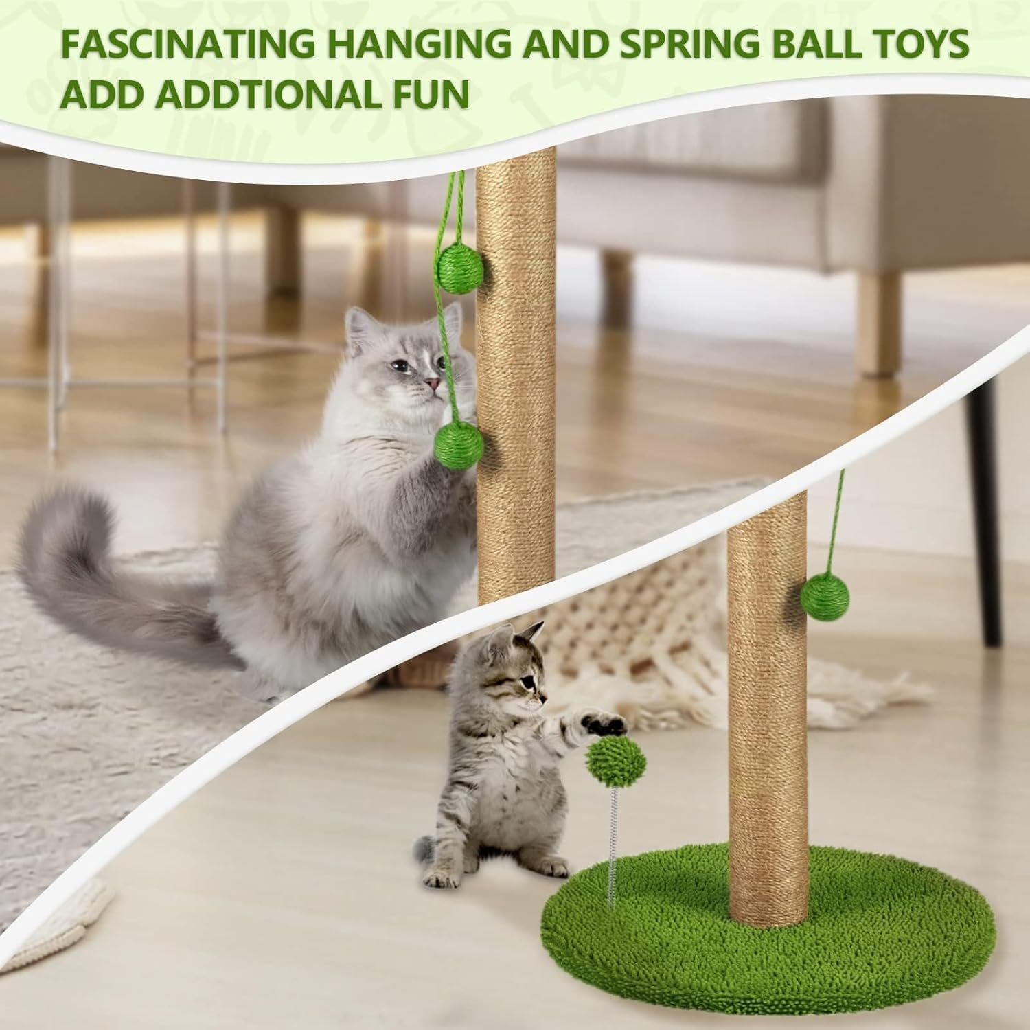 Cat Scratching Post, Tall Scratch Tree with Premium Sisal Rope, Two Interactive Dangling Balls and Spring Ball Toys for Indoor Kittens and Cats, 40 * 63 Cm image number 6