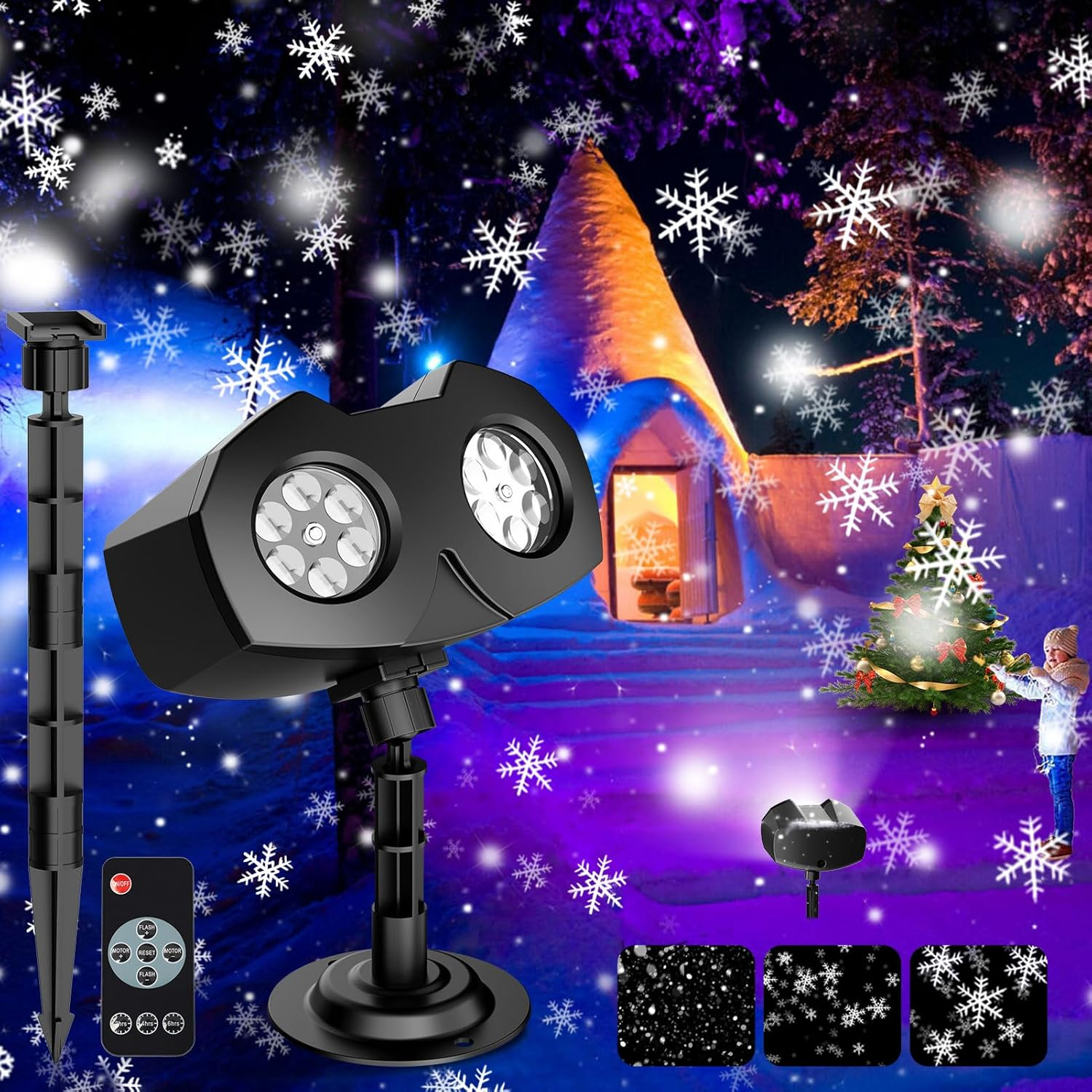 Snowflake Projector Lights LED Dual-Head Christmas Snowflake Light Projector HD Outdoor Indoor Festival Lighting Decoration with Remote, Timer, and 16.4Ft Cord for Xmas, New Year, Winter Party - Snowflake Projector Light image number 5