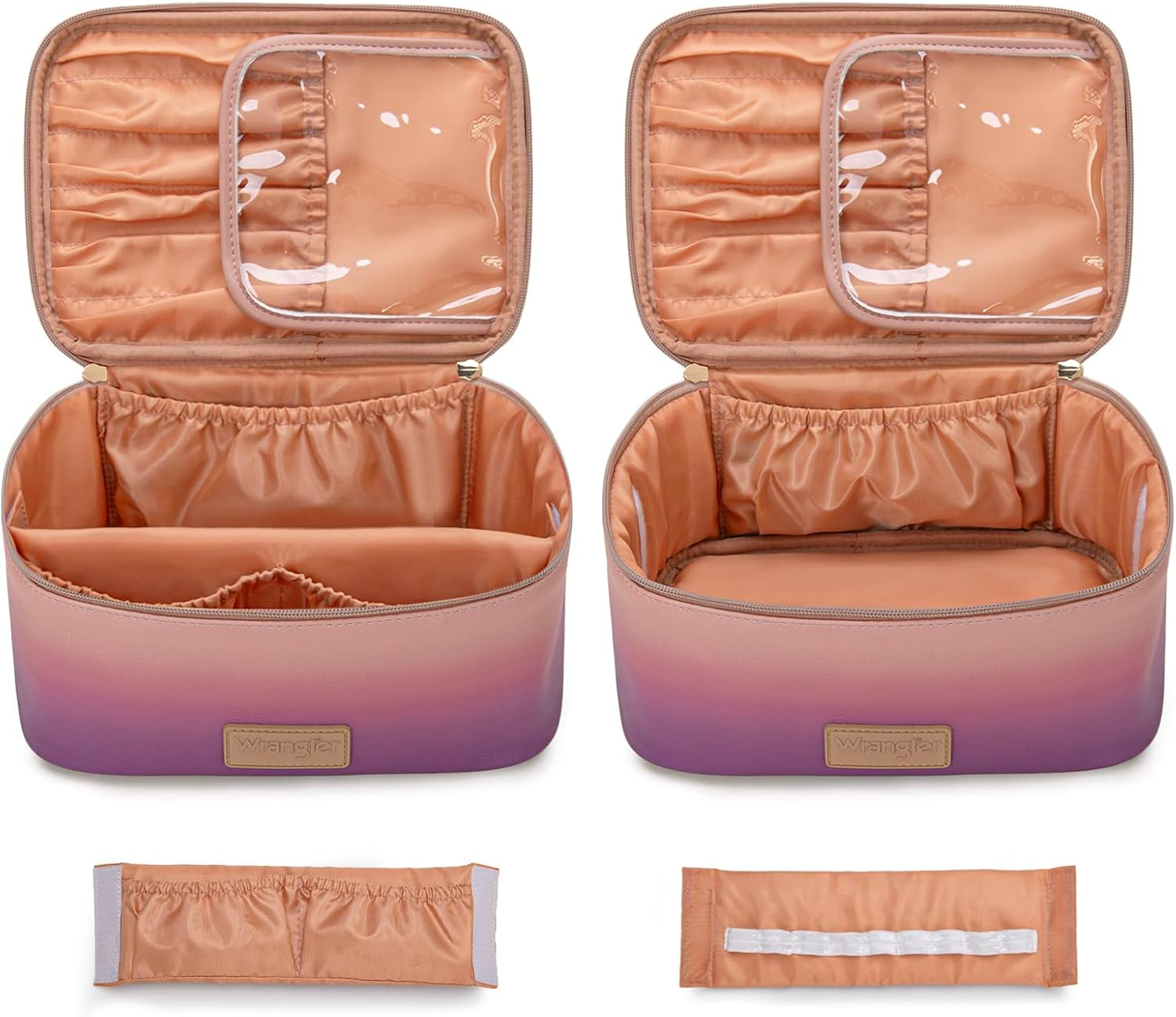 Montana West X Wrangler Travel Makeup Bag 2Pcs Set Large Cosmetic Bag with Makeup Brush Holder Portable Make up Organizer Toiletry Bag with Divider and Handle for Women, Purple, Large image number 1