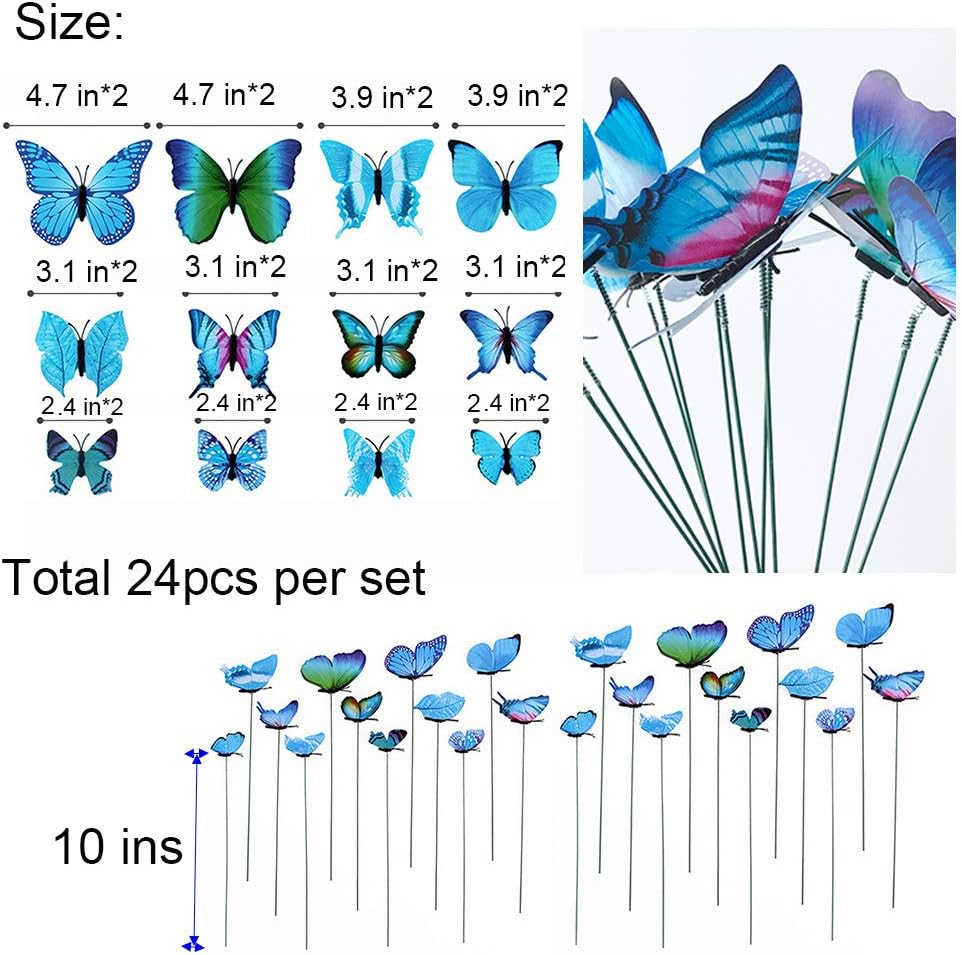 V-Time 24Pcs Garden Butterfly Decorations Outdoor Waterproof Butterfly Stakes Ornaments for Indoor/Outdoor Yard/Christmas Patio Plant Pot Flower Bed Home Decoration (Blue) image number 3