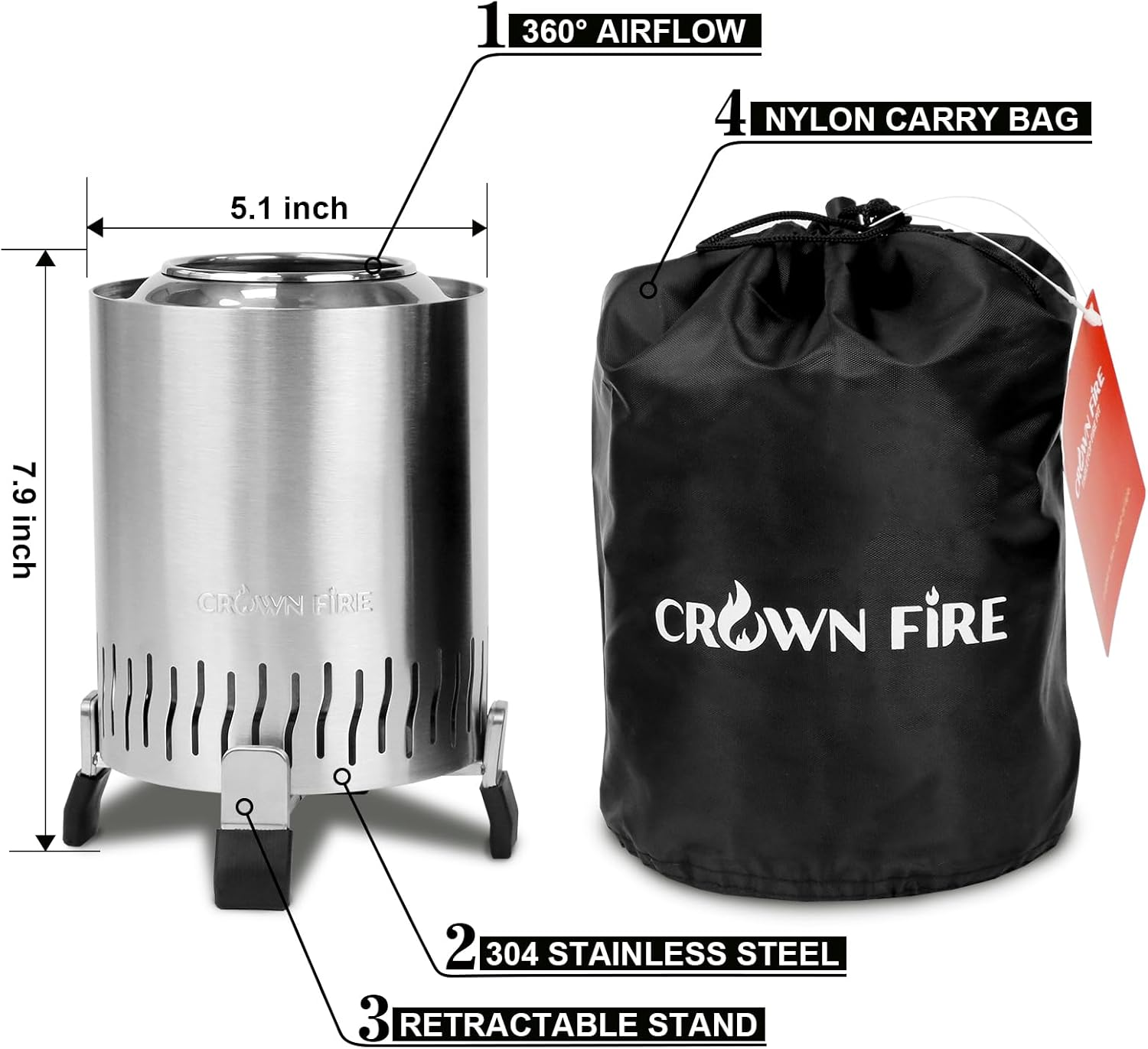 Outdoor Tabletop Pit, Smokeless Mini Table Top Stove for Patio Balcony Backyard, Includes Roasting Sticks, Travel Bag, Starters, Tongs, Lid | Fueled by Pellets or Wood (Stainless Steel)