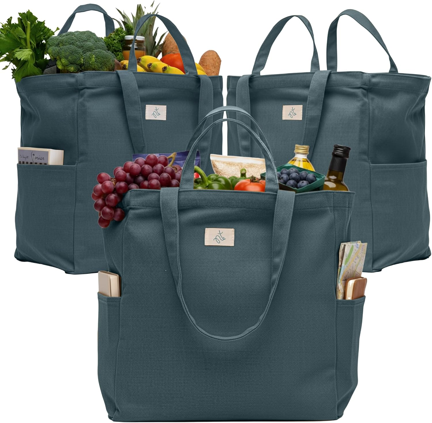 Nook Theory 3-Pack Reusable Grocery Bags - Heavy Duty, Large 12 Oz Cotton Canvas Reusable Shopping Bags with Pockets, 100% Cotton Cloth Grocery Totes, Foldable Multi Compartment