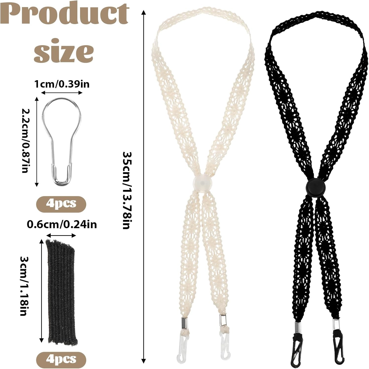 Tweruna 2 PCS Hat Straps for Wind, Adjustable Beige Black Chin Cord, Lace Sun Hat Chin Strap with Clips, Replacement Lace Windproof Keeper String for Women Outdoor Hats image number 2