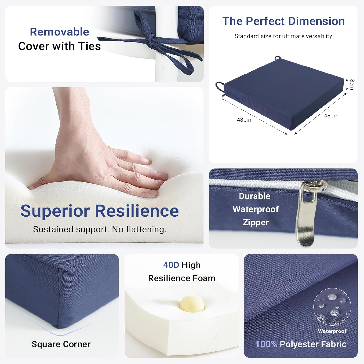 LIWEGHT Patio Chair Cushions 48X48X8Cm Waterproof Seat Cushion for Outdoor Furniture,Fade-Resistant Patio Furniture Replacement Cushions,Waterproof Zipper&Straps Garden Couch Chair Pads, Navy Blue image number 3