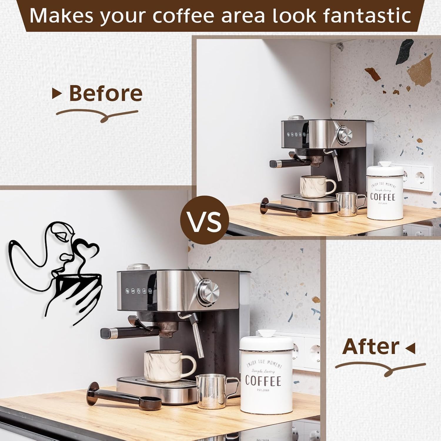 Metal Wall Art Decor - 3D Black Metal Coffee Wall Art Bar Sign Decor, Woman Drinking Coffees Sculptures, Minimalist Wall Art for Kitchen Home Office Living Room Bedroom - Two Cat image number 6