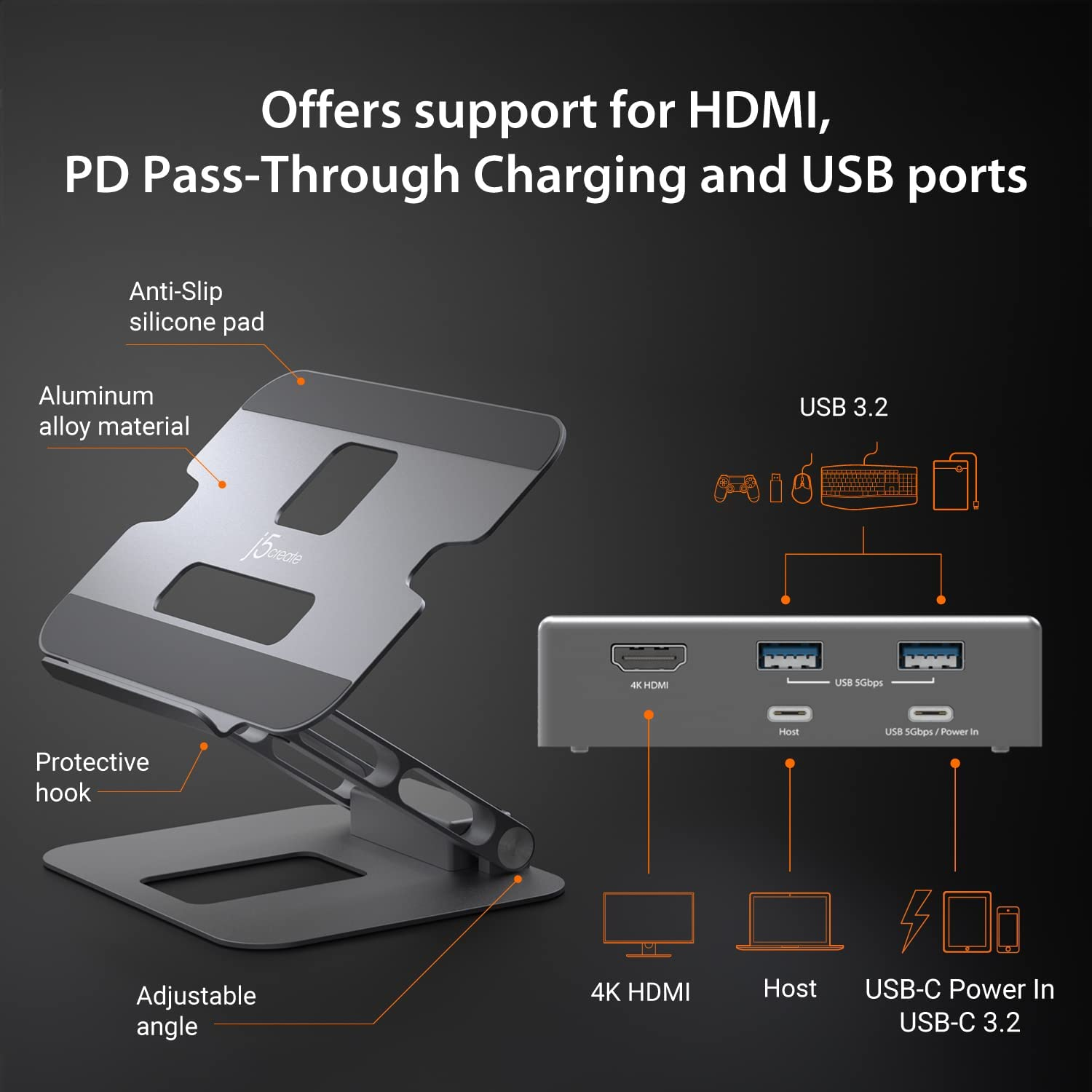 J5Create Laptop Stand with USB C 4K HDMI Display Hub - 2 USB a 5Gbps, PD 100W with USB-C 5Gbps | Aluminum Computer Riser for Macbook and Windows Notebook (JTS327) image number 2