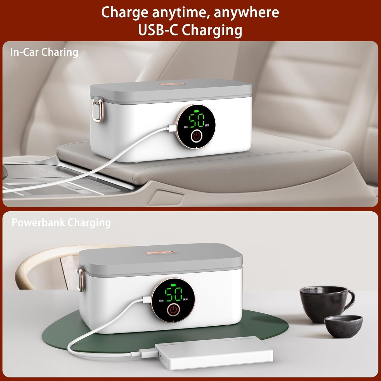 ◉ Cordless Electric Lunch Box - 1L Rechargeable Self Heated Lunch Box, Food Warmer Lunch Box with Scheduled Heating for Car, Work, Travel, and Office | Lunchbox | Luncheaze image number 6