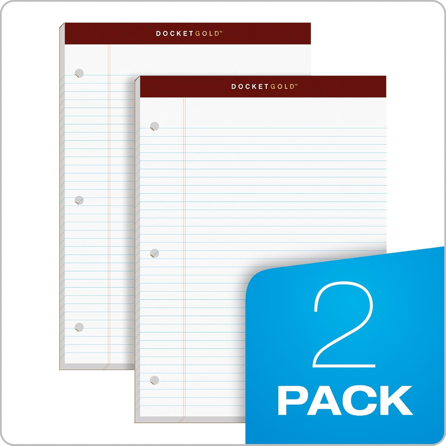 TOPS Double Docket Gold Writing Tablet, 8-1/2 X 11-3/4 Inches, Perforated, 3-Hole Punched, White, Narrow Rule, 100 Sheets per Pad, 2 Pads per Pack (99706) image number 4