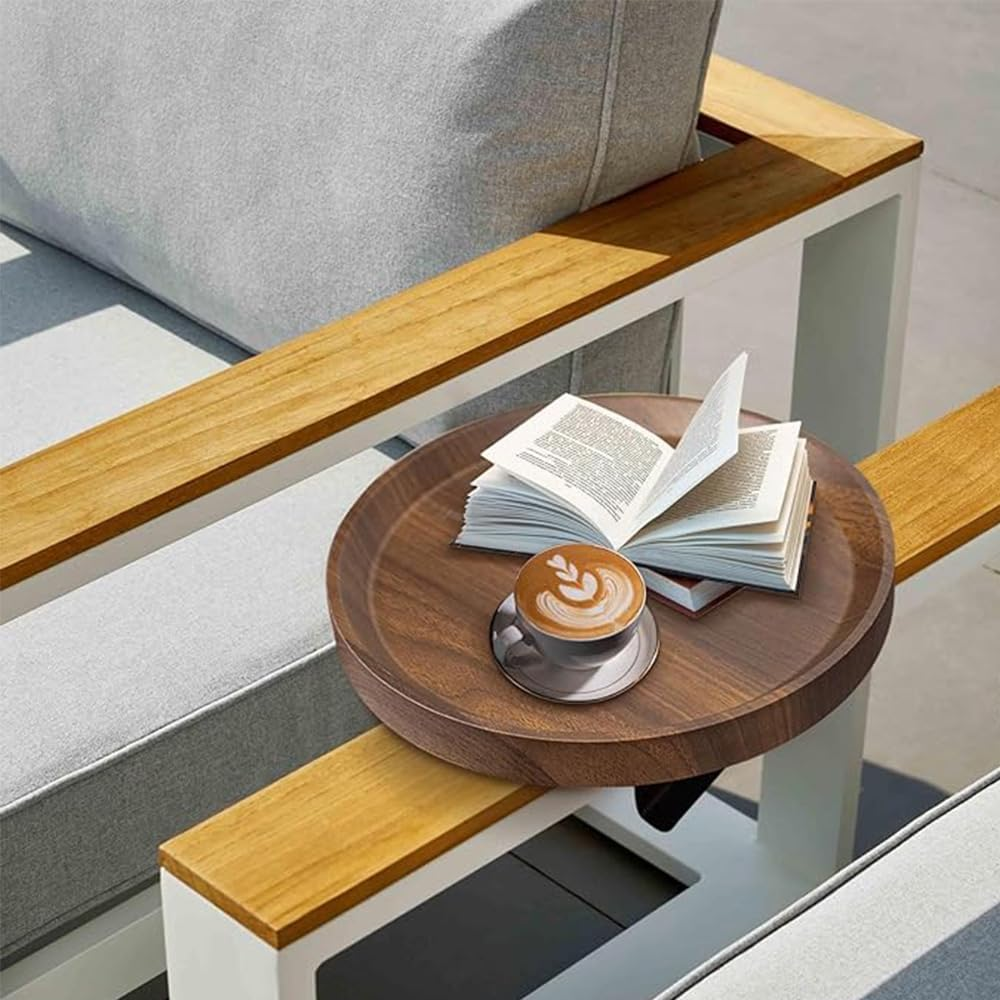 Sofa Armrest Tray, Adjustable Sofa Tray, round Tea Tray, Living Room Study Side Table, Movable and Practical Tea Table, Used to Place Drinks, Food, Snacks, Telephones. (Walnut) image number 4