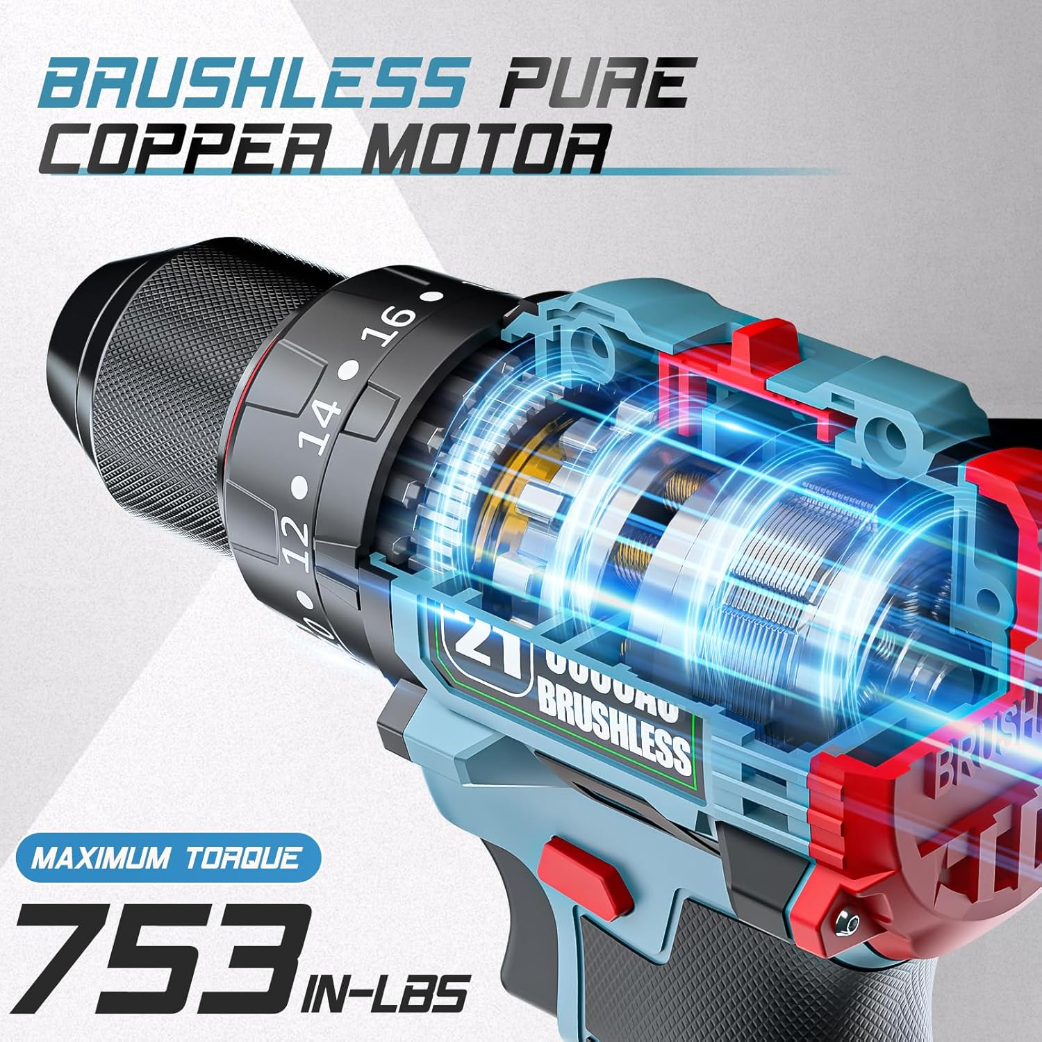 21V Cordless Drill, Brushless Power Drill Set with 2 Batteries and Charger,3/8-Inch Chuck Electric Drill Driver,20+3 Torque Setting,32 Pcs Drill/Driver Bits and Tool Set image number 4