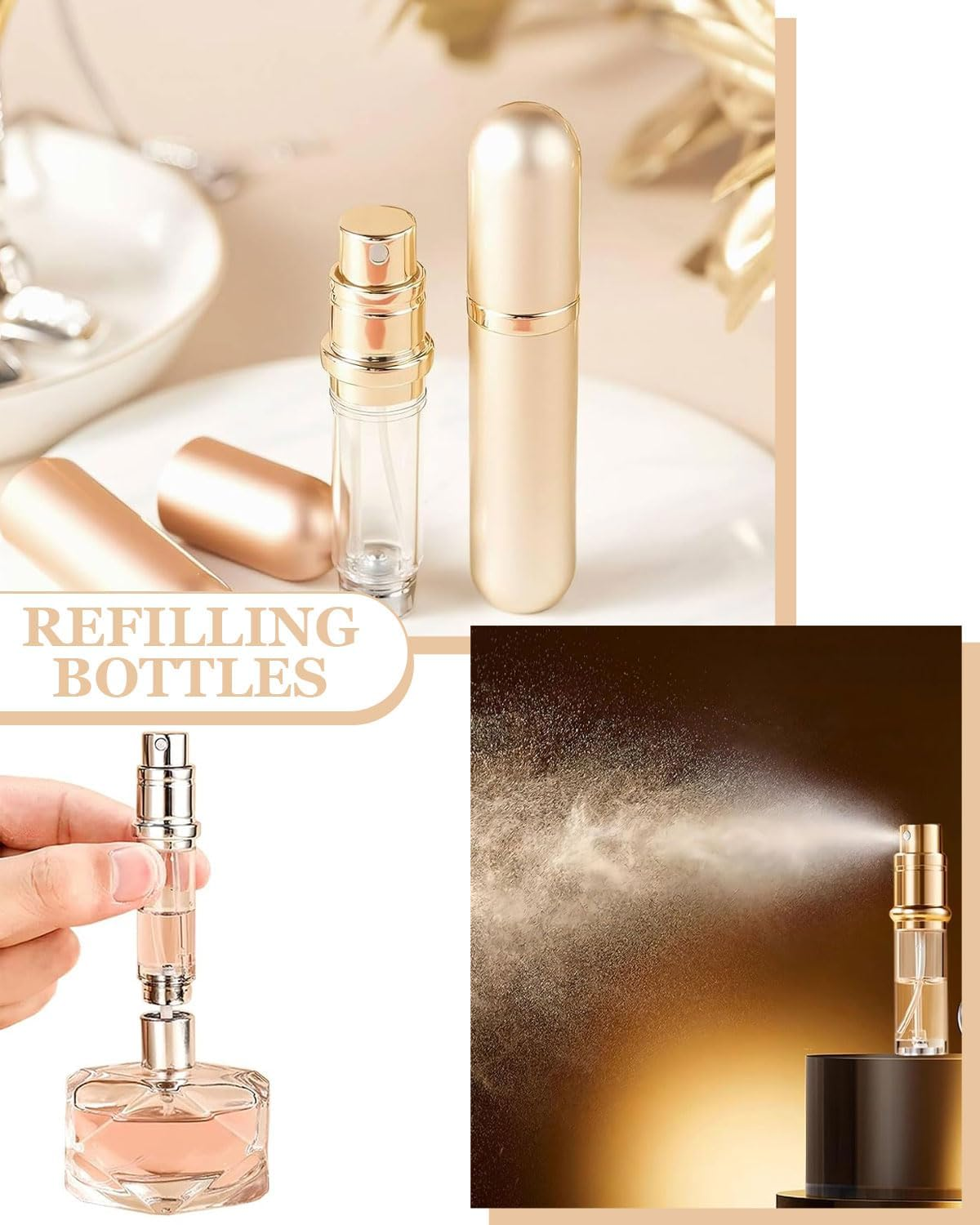 FUGLUS 1 Travel Perfume Atomizer, Mini Portable Refillable Perfume Refill Atomiser, Travel Refill Perfume Atomizer Travel Bottle, 5Ml (Champagne Color)