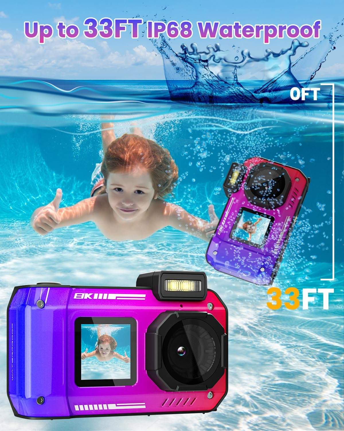 8K 70MP Digital Camera, 33FT Underwater Camera Waterproof Rugged Dustproof Shockproof for Snorkeling Diving, Selfie Dual-Screen Point and Shoot Digital Cameras with 32G Card(Gradient Purple) image number 5