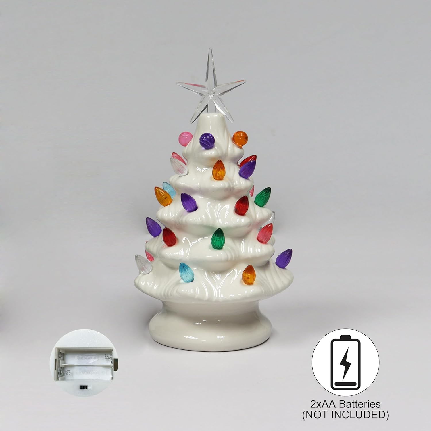 MOMENTS in TIME Ceramic Christmas Tree 9&rdquo; White LED Lighted Pre-Lit Tabletop Tree with Multicolor Bulbs & Star Topper, Battery Operated Holiday D&eacute;cor image number 2