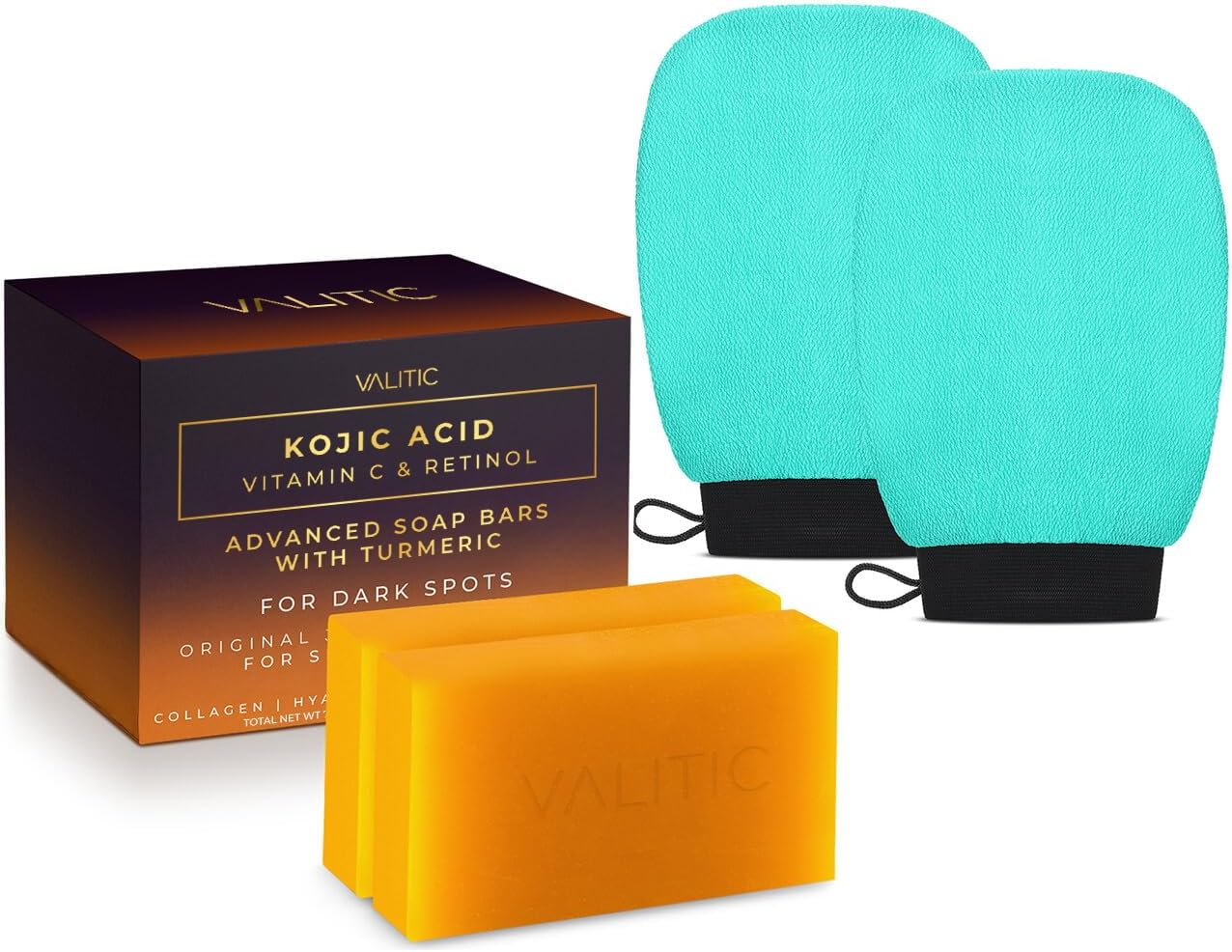 VALITIC 2 Pack Kojic Acid Vitamin C & Retinol Soap Bars for Skin Lightening & a Pair of Turquoise Exfoliating Gloves for Body Scrubs image number 4