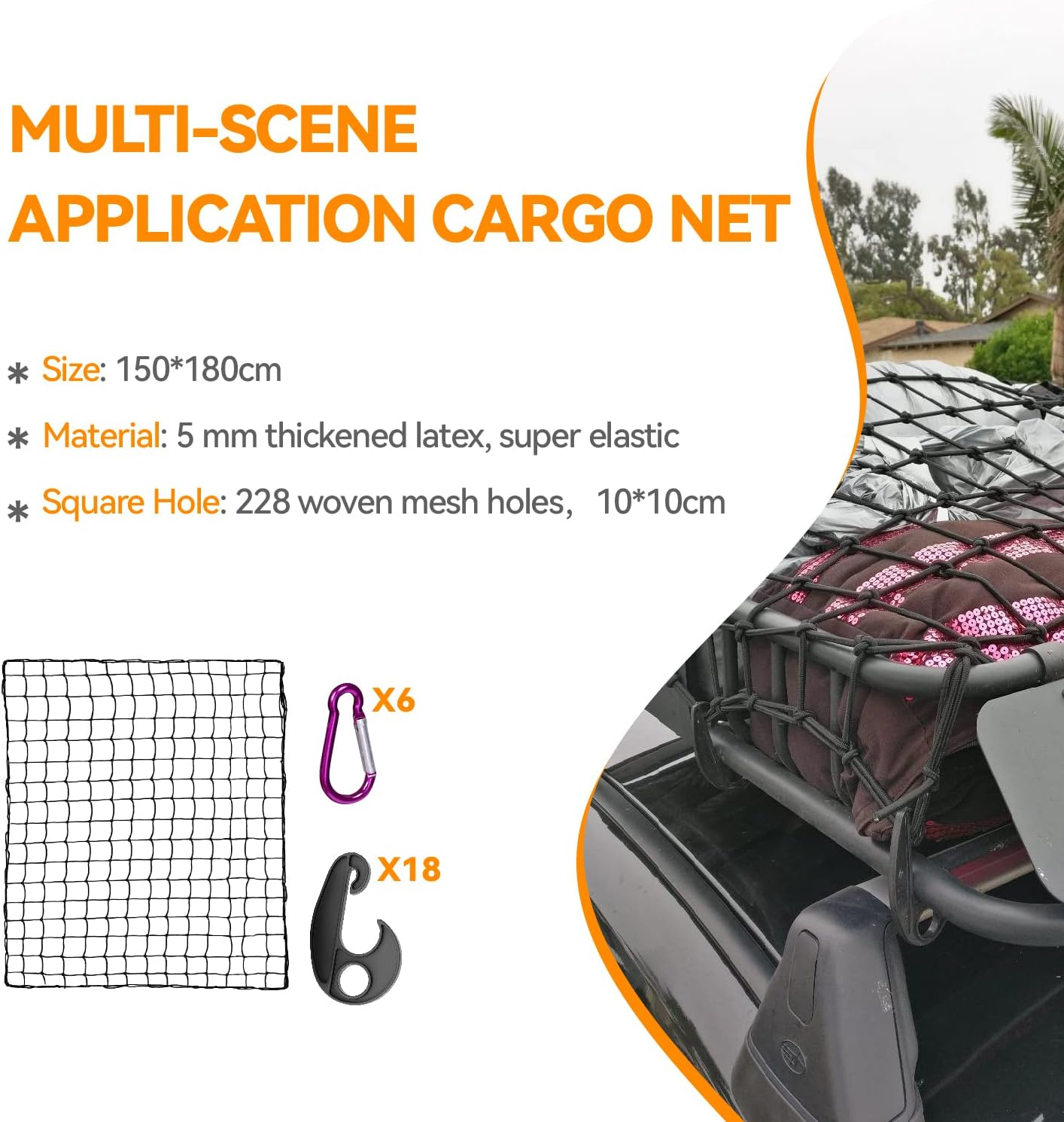 150 * 180Cm Cargo Net, New Upgraded 18 Thickened ABS Hooks, Large Adjustable Elastic Heavy Duty Latex Net Stretches to 300 * 450Cm
