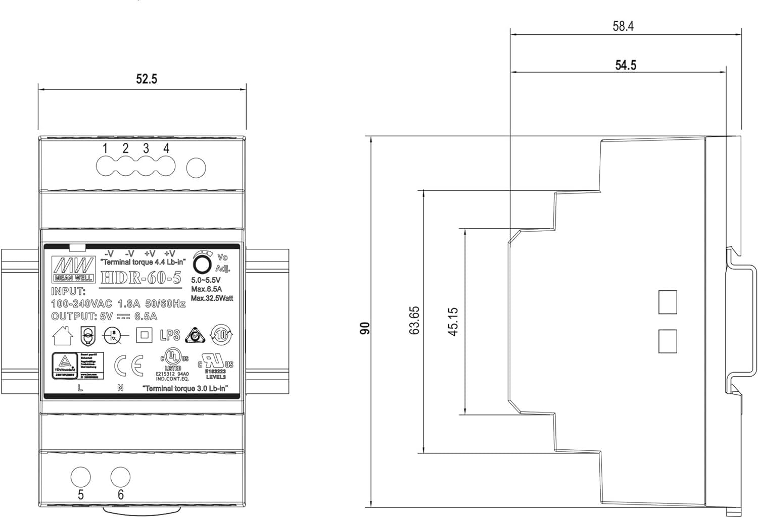 HDR-60-5 Genuine Mean Well DIN Rail Power Supply 5V 6.5A 60W, with Warning Label - 5V image number 5